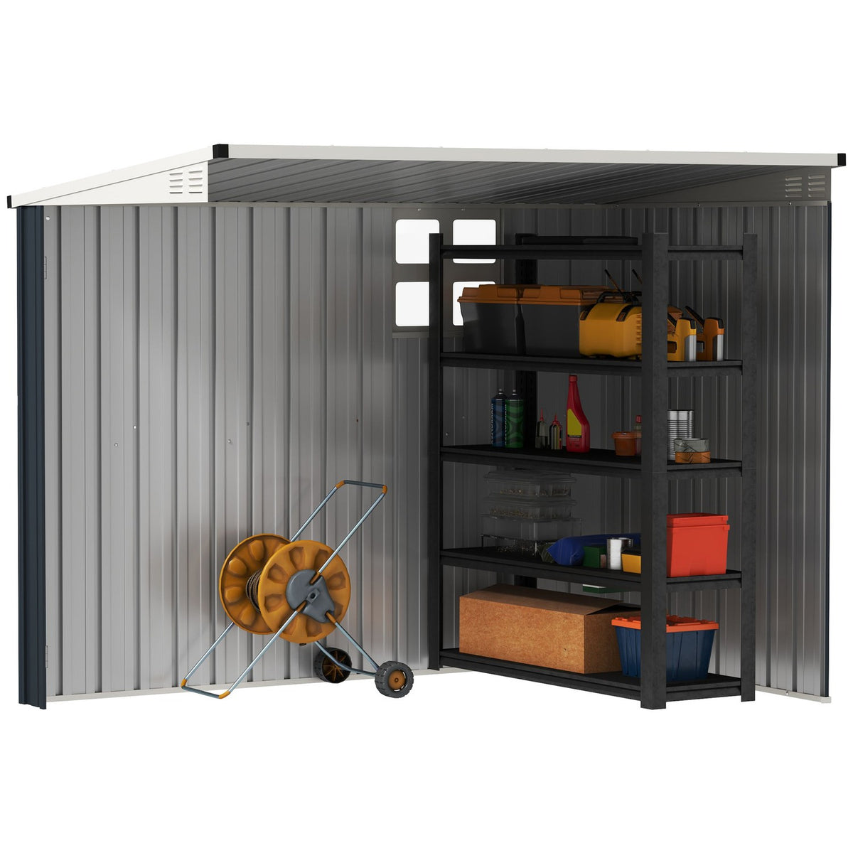 Metal Tool Shed 2.7m² 128x231x181cm Tool Shed with Pent Roof Window Lockable Door Weatherproof Garden Shed Outdoor Garden Shed for Backyard Outdoor Area Dark Gray