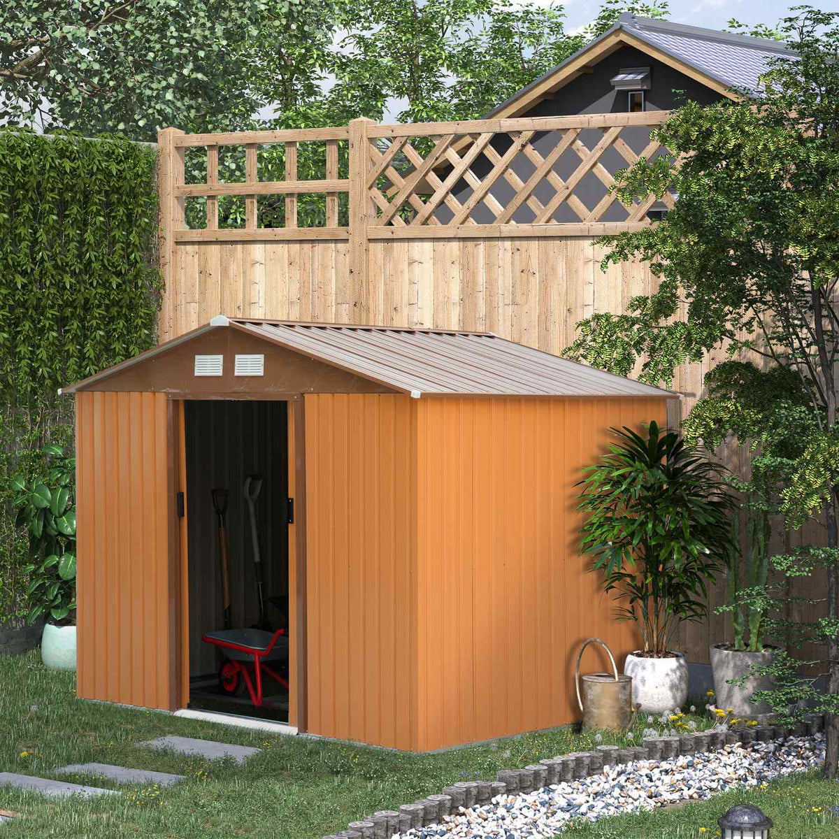 Metal Tool Shed Garden Shed With Foundation, Tool Shed, Weatherproof, Yellow, 277X195X192Cm