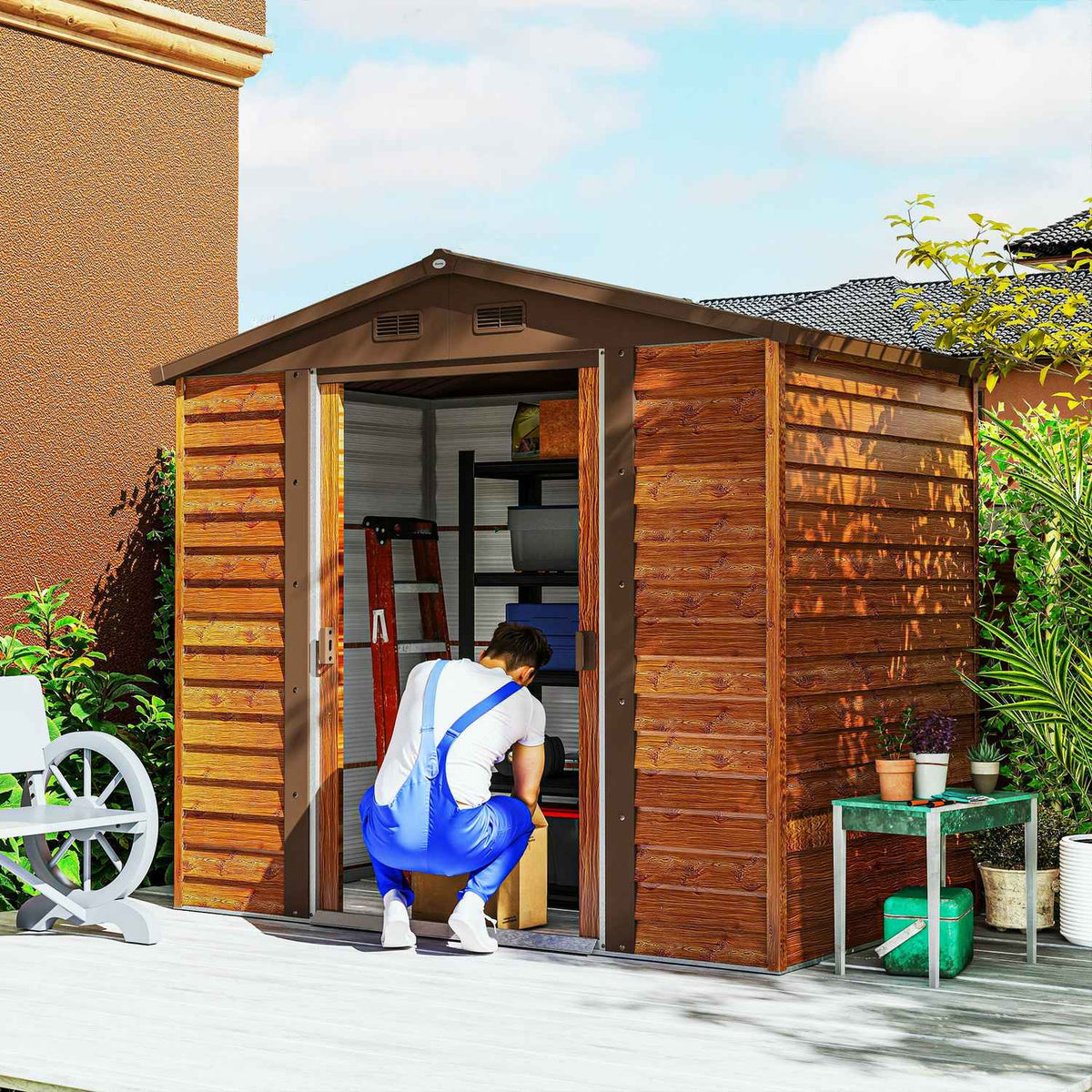 Metal Tool Shed in Wood Look 3 m² 152 x 235.7 x 208.7 cm Tool Shed with Gable Roof Window Double Sliding Doors Weatherproof Garden Shed Outdoor Garden Shed for Backyard Brown |