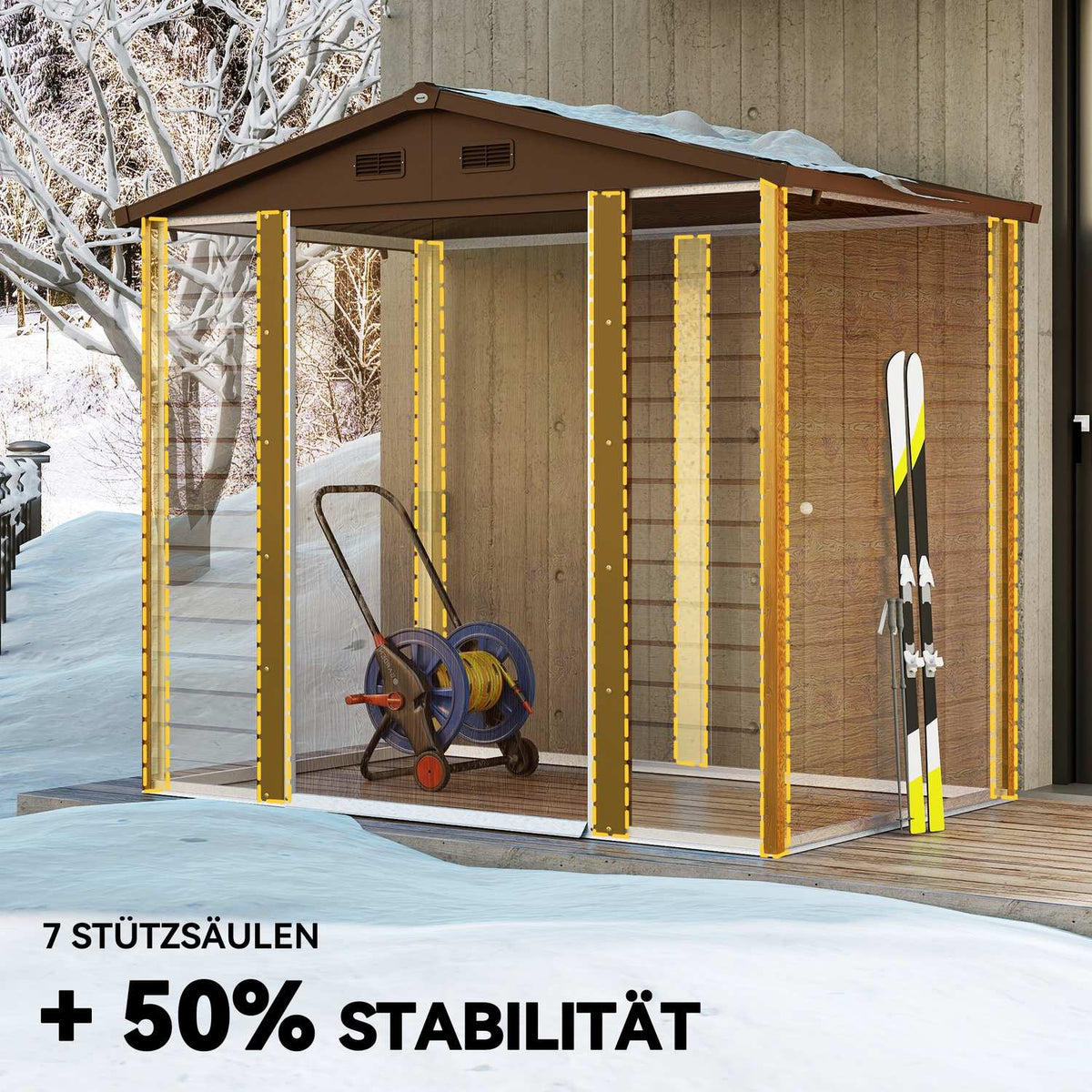 Metal Tool Shed in Wood Look 3 m² 152 x 235.7 x 208.7 cm Tool Shed with Gable Roof Window Double Sliding Doors Weatherproof Garden Shed Outdoor Garden Shed for Backyard Brown |