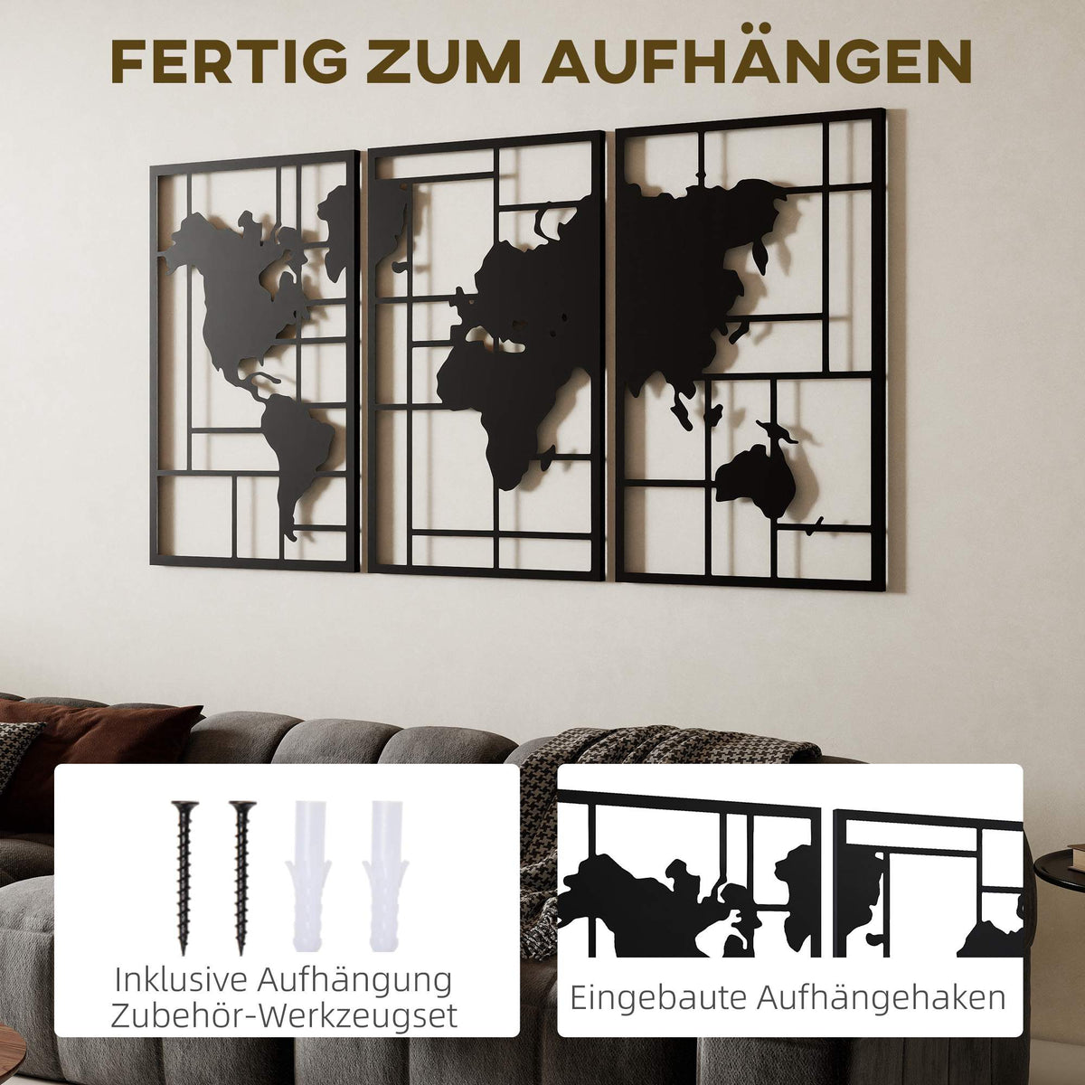 Metal Wall Art Set – 3-Piece World Map, 50x80 cm, Black