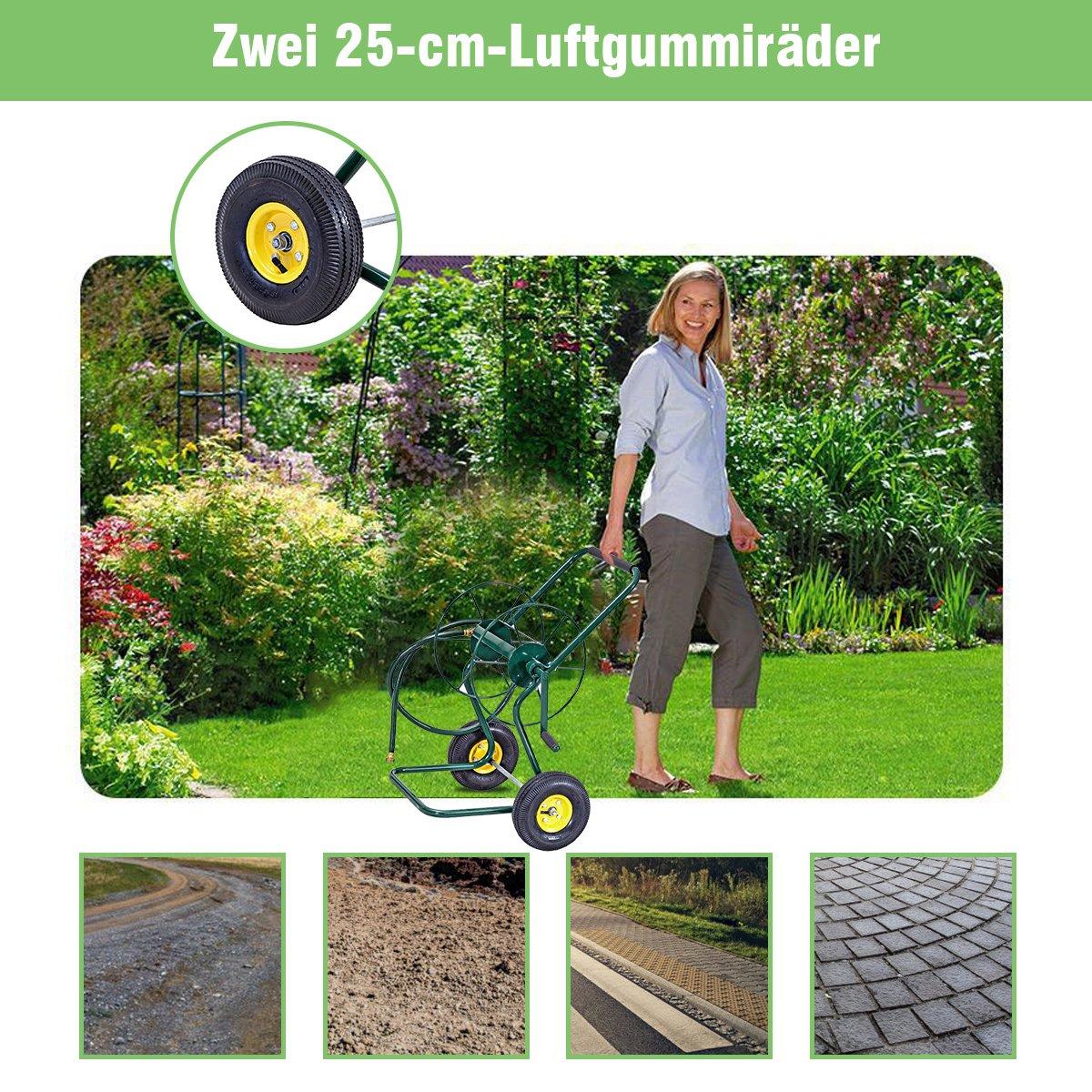 Metal hose trolley with 2 pneumatic tires & crank for 61M 3/4" hose garden hose trolley green