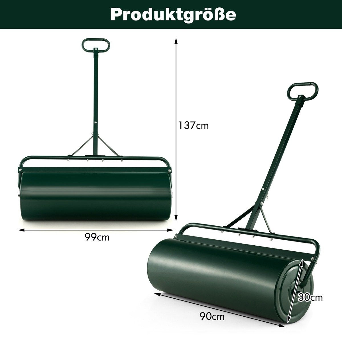 Metal lawn roller, grass roller for pushing or pulling, 99 x 30 x 137 cm, green