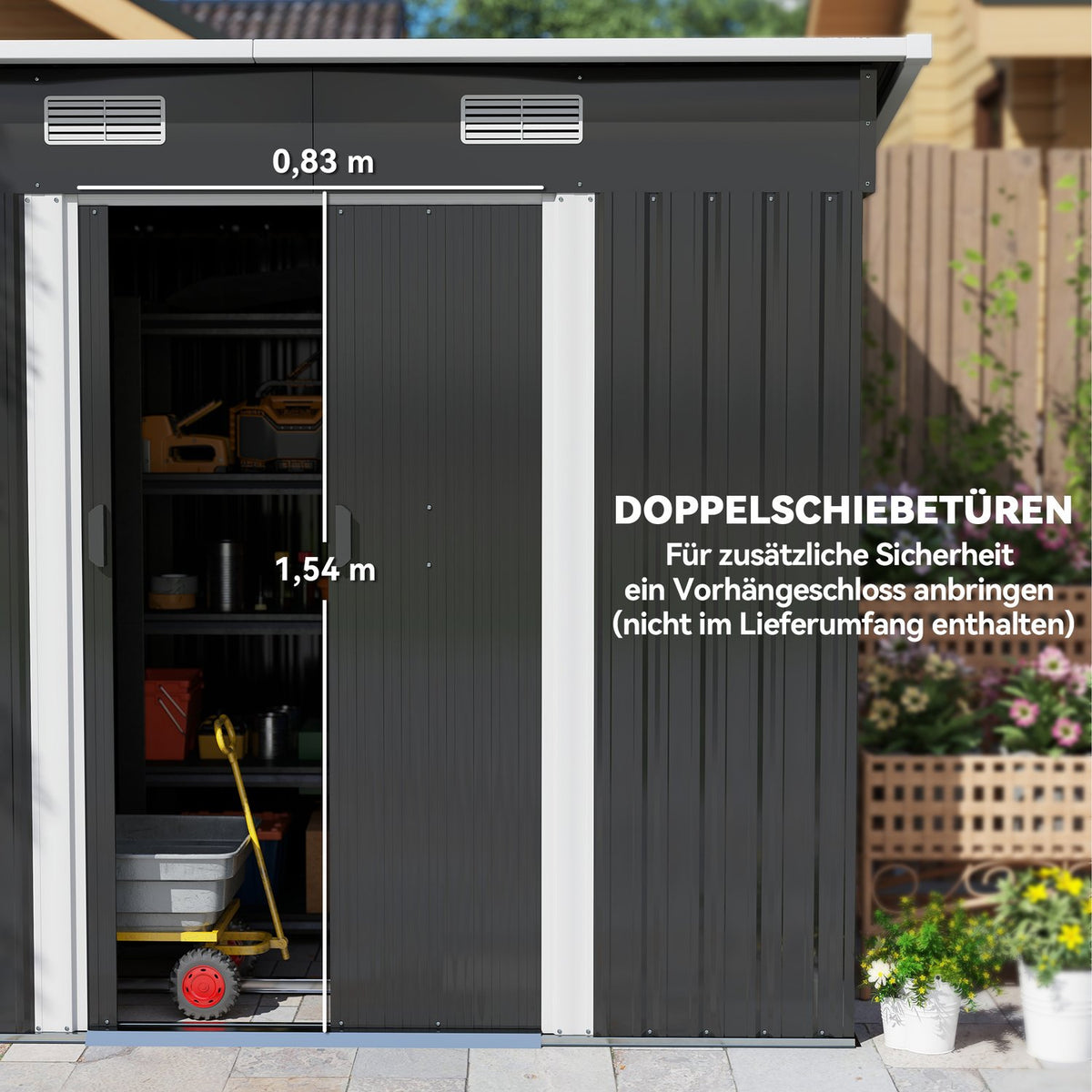 Metal tool shed 2.3 m² 207 x 130 x 182 cm with pent roof window floor frame black
