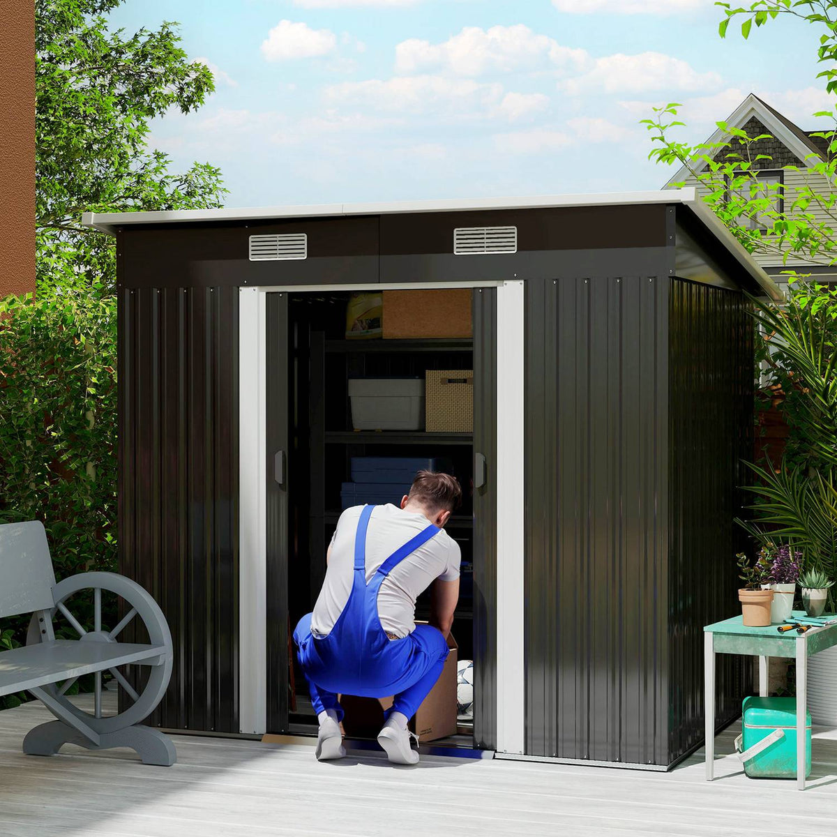 Metal tool shed 2.3 m² 207 x 130 x 182 cm with pent roof window floor frame black