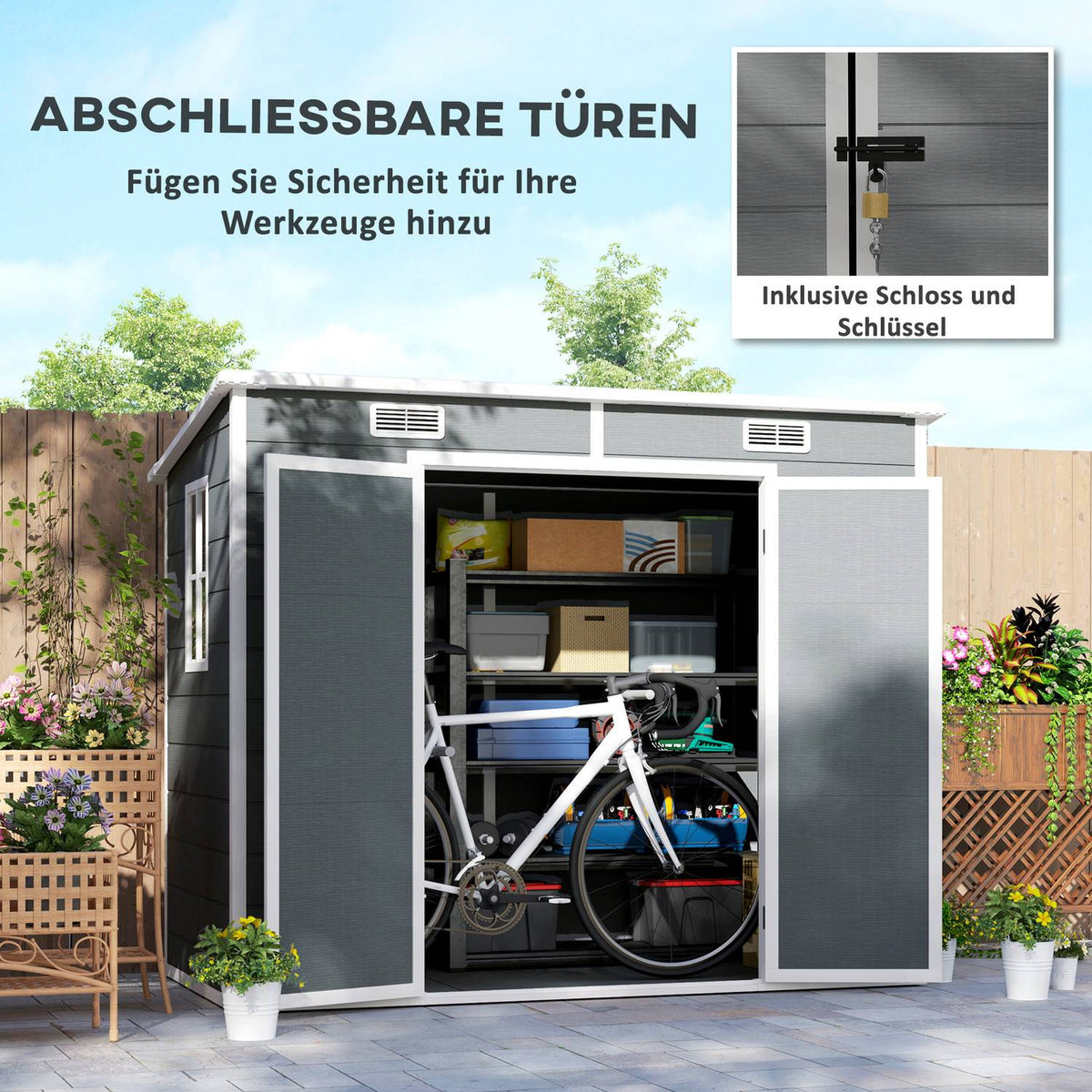 Metal tool shed 2.4 x 1.3 m, waterproof tool shed, tool shed for the garden, gray |.de