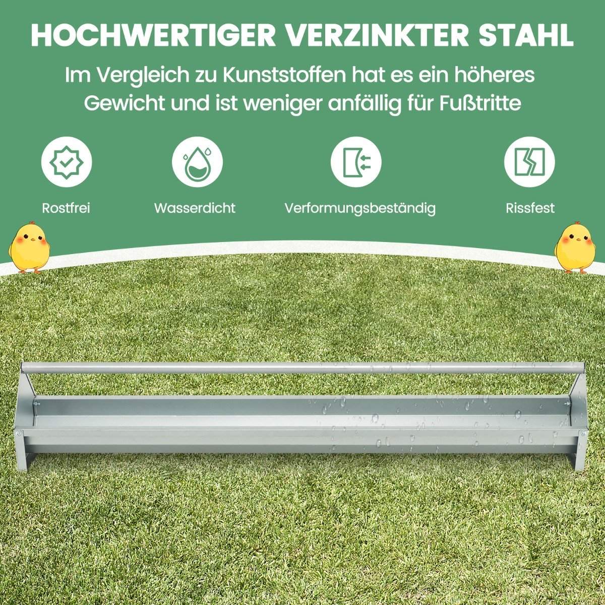 Metal trough for chicken feed grain dispenser made of galvanized metal with drainage holes and rotating handle