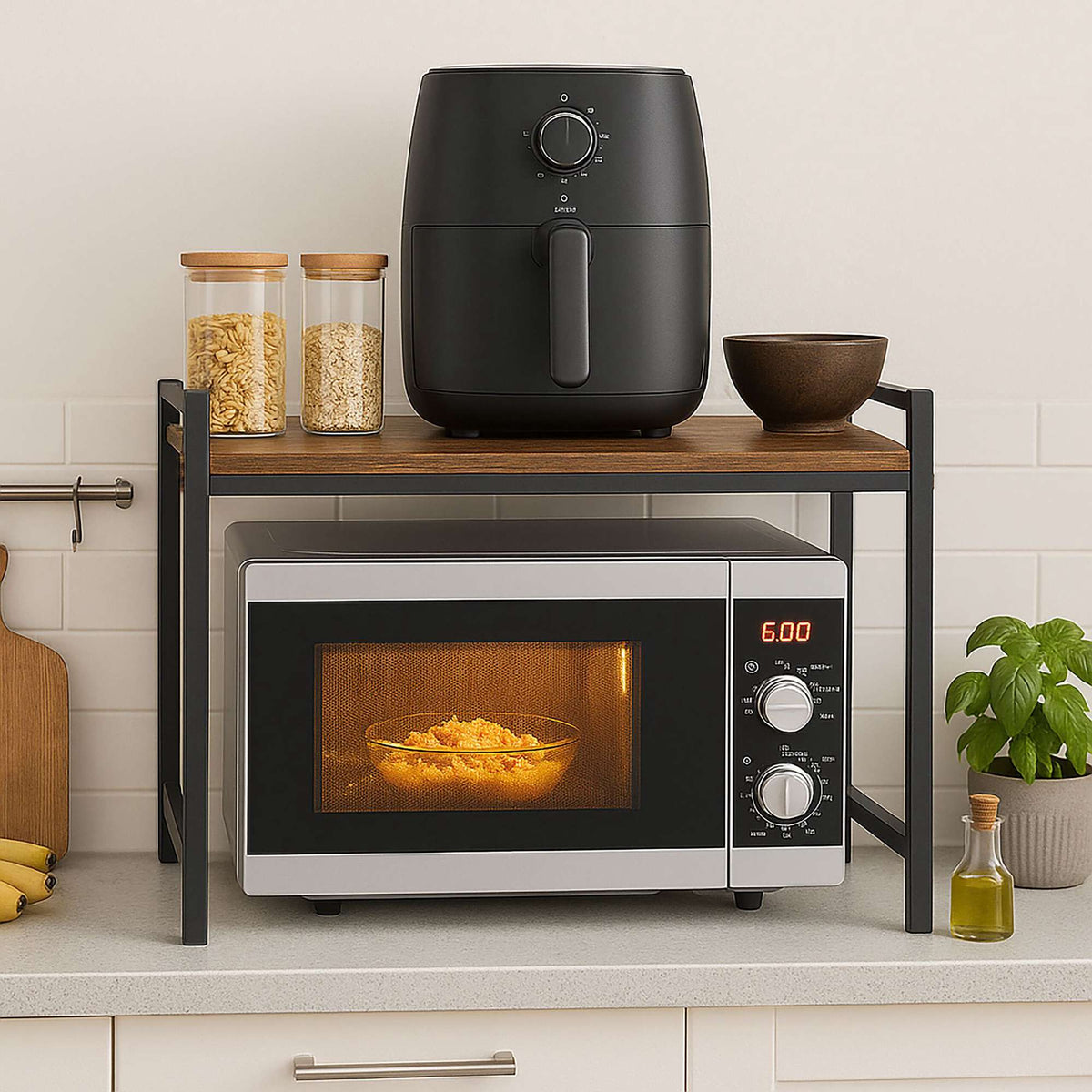 Microwave Shelf with Storage – Metal Frame, Industrial Design