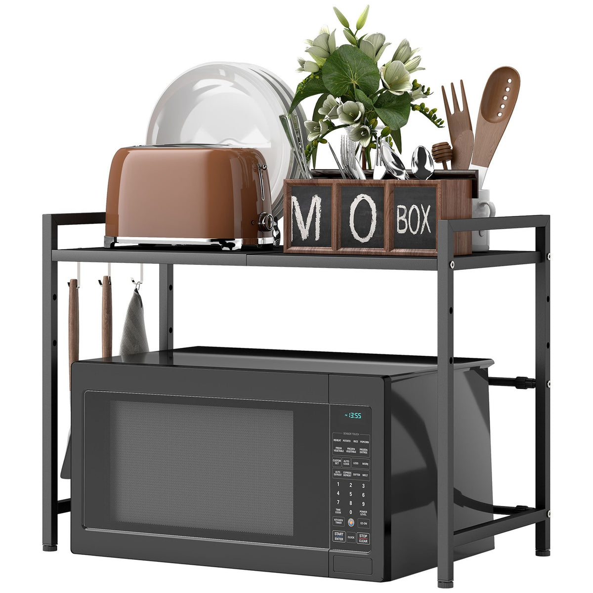 Microwave shelf, 3 hooks, extendable, metal, 40 cm high, black