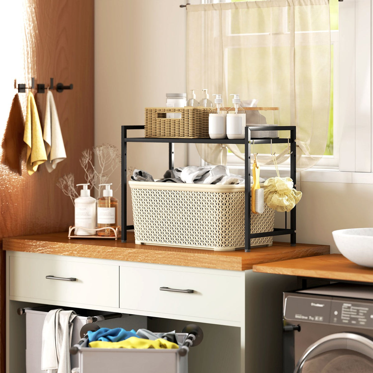 Microwave shelf, 3 hooks, extendable, metal, 40 cm high, black
