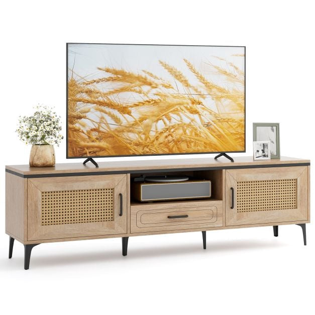 Mid-Century Modern TV Stand, Oak, 2 Cabinets, Drawer