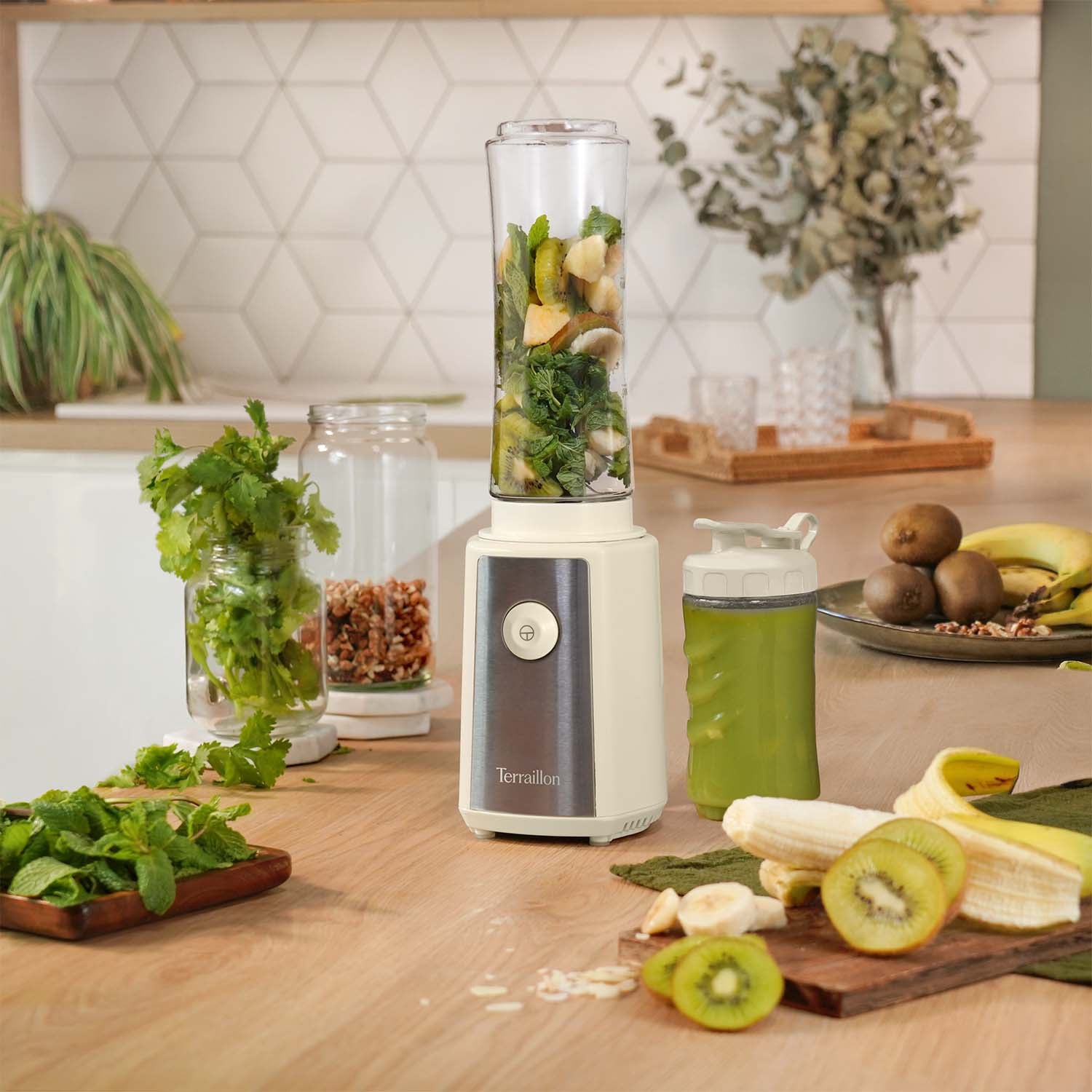 Mini Blender 300W – 2 Tritan Bottles, Cream & Steel