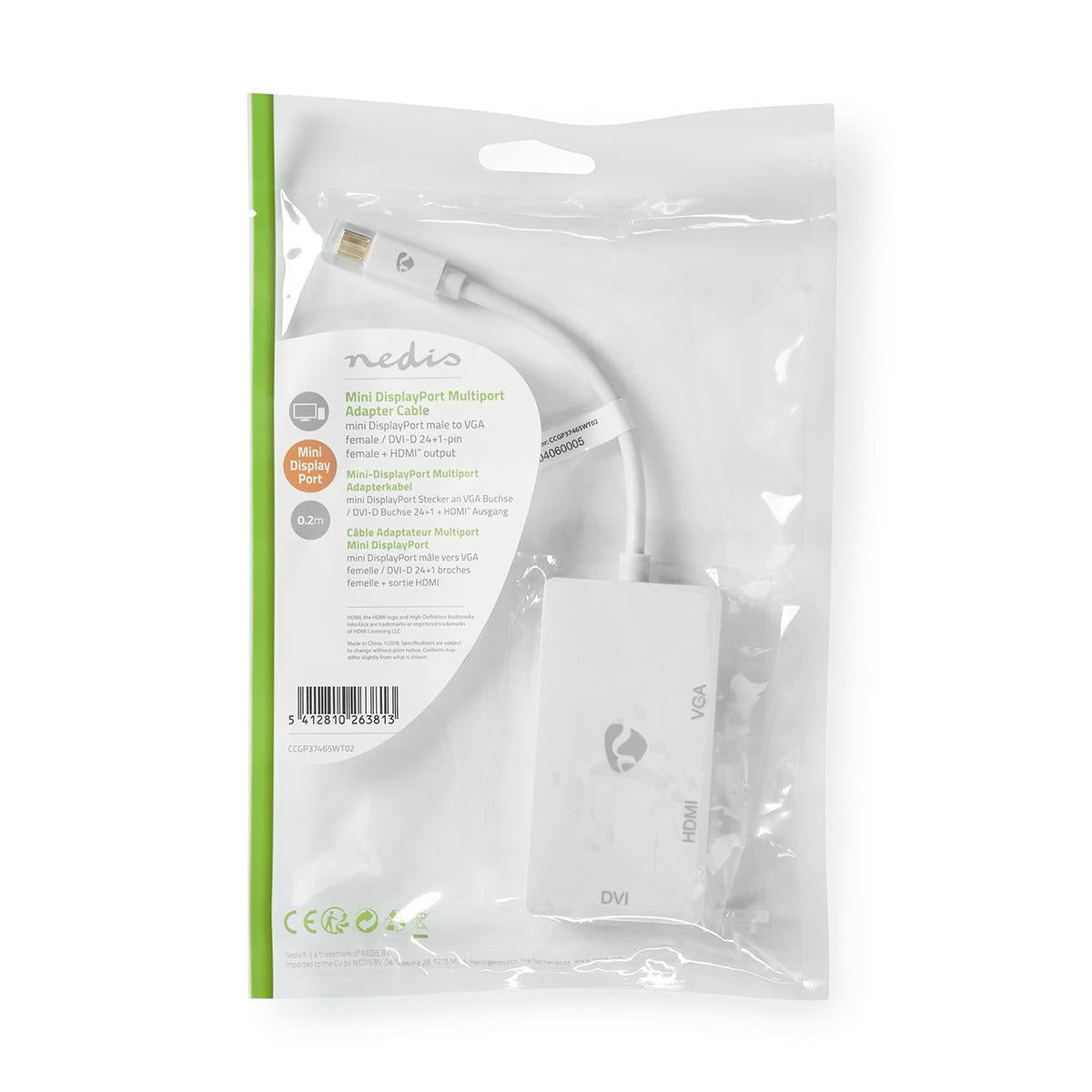 Mini Displayport Cable | DisplayPort 1.2 | Mini DisplayPort Male | DVI-D 24+1-Pin Female / HDMI™ input / VGA female 15p | 21.6 Gbps | Nickel Plated | 0.20 m | Round | PVC | White | Plastic bag