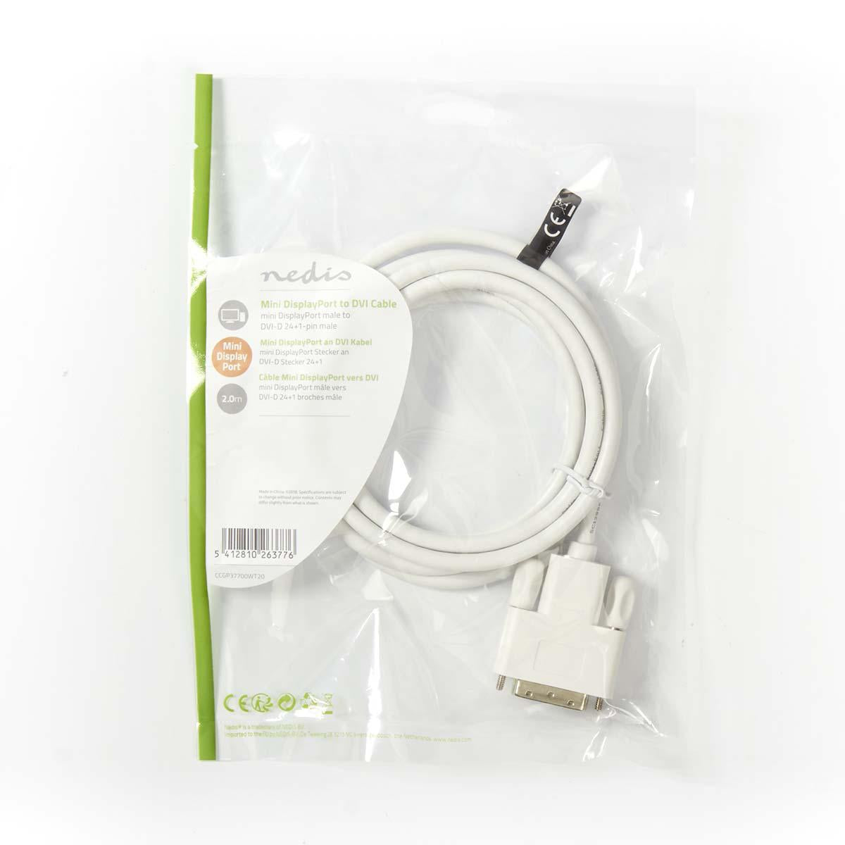 Mini Displayport Cable | DisplayPort 1.2 | Mini DisplayPort Male | DVI-D 24+1-Pin Male | 21.6 Gbps | Nickel Plated | 2.00 m | Round | PVC | White | Plastic bag