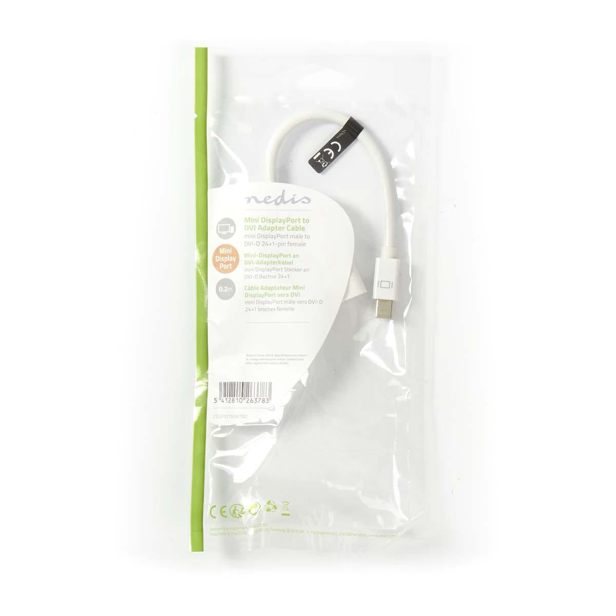 Mini Displayport Cable | DisplayPort 1.2 | Mini DisplayPort Male | DVI-I 24+5-Pin Female | 21.6 Gbps | Nickel Plated | 0.20 m | Round | PVC | White | Plastic bag