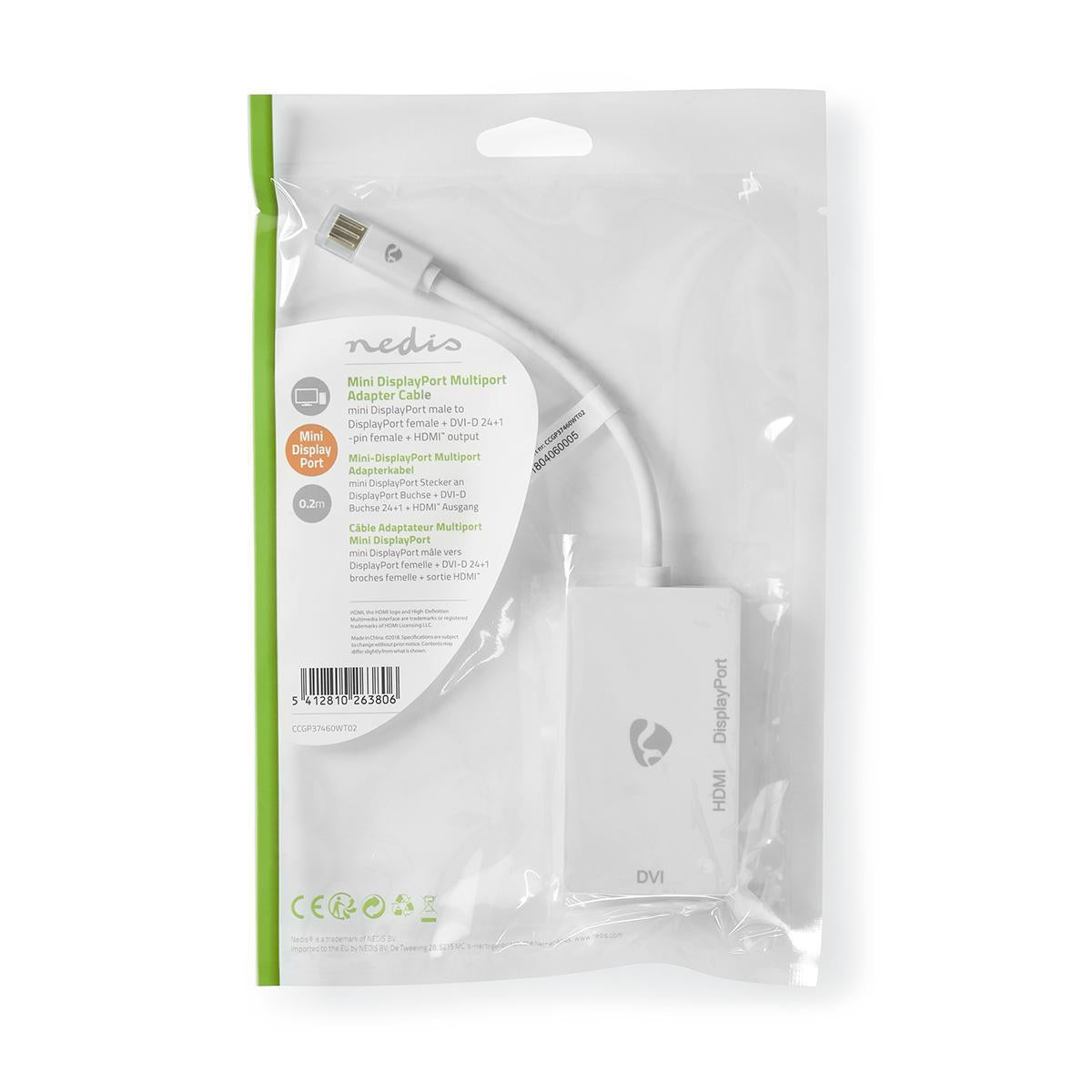 Mini Displayport Cable | DisplayPort 1.2 | Mini DisplayPort Male | DisplayPort Female / DVI-D 24+1-Pin Female / HDMI™ input | 21.6 Gbps | Nickel Plated | 0.20 m | Round | PVC | White | Plastic bag