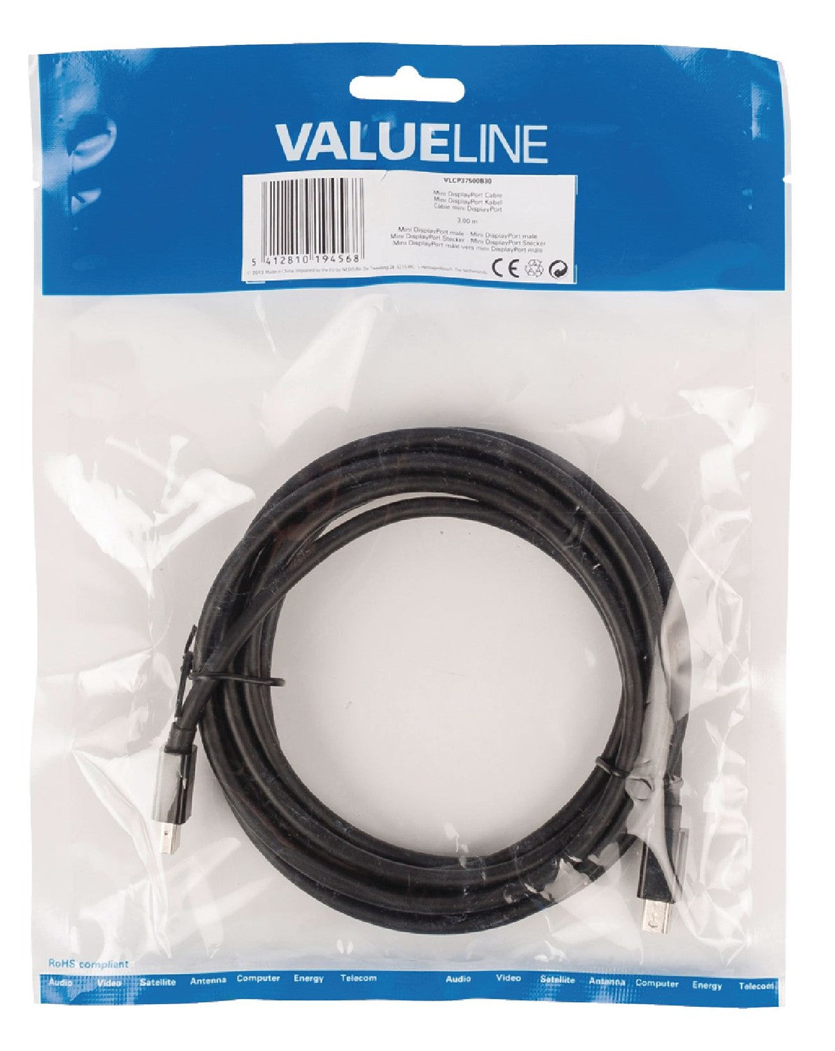 Mini Displayport Cable Mini DisplayPort male - Mini DisplayPort male 3.00 m Black