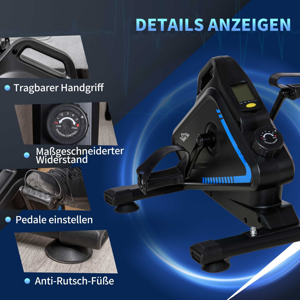 Mini Exercise Bike Leg Trainer With 5 Resistance Levels, Mini Bike Pedal Trainer, Lcd Display, Adjustable, Black + Blue, 54X44X40Cm