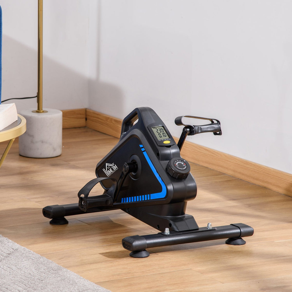 Mini Exercise Bike Leg Trainer With 5 Resistance Levels, Mini Bike Pedal Trainer, Lcd Display, Adjustable, Black + Blue, 54X44X40Cm