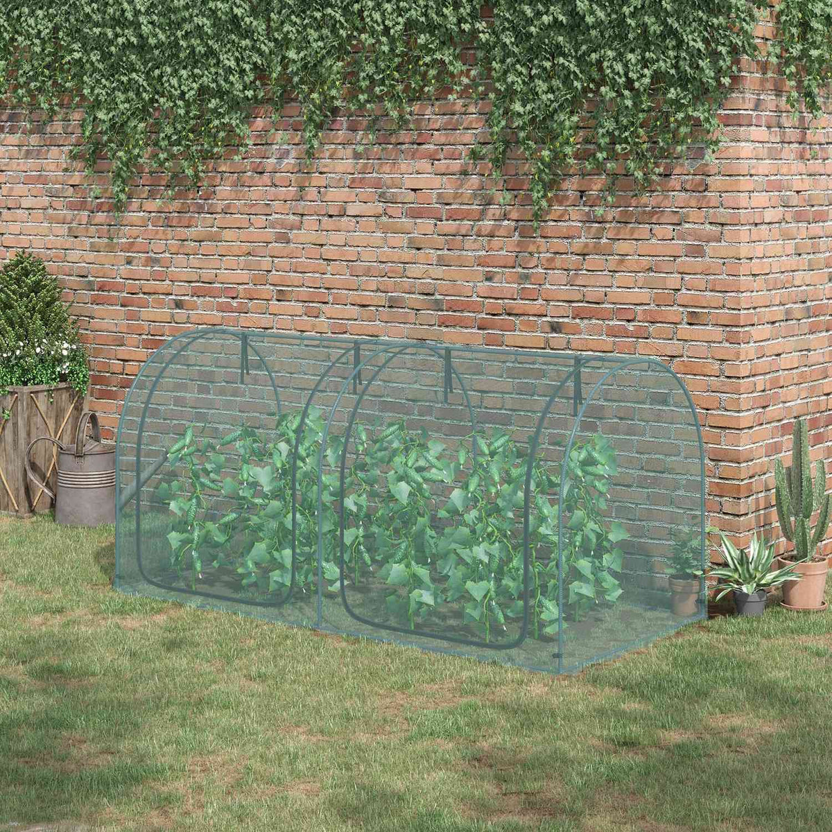 Mini Greenhouse 2.49X1.2M Plant Protection Tent With Door, For Garden & Balcony, Steel Frame & Hdpe Net, Dark Green