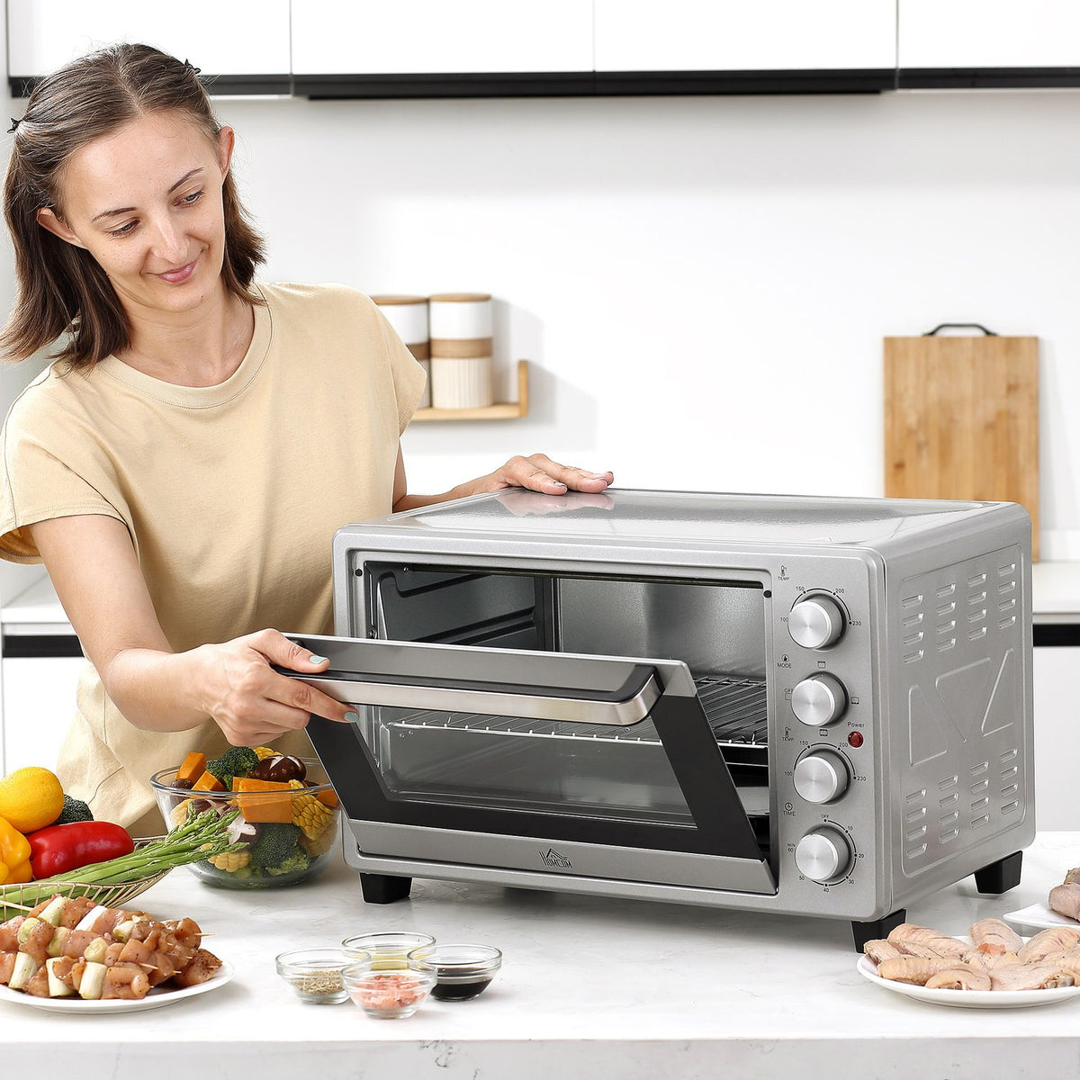 Mini Oven 32L, 1600W, Electric Oven With Slag Collection Tray, Stainless Steel & Glass, Silver, 52.2X38.1X33.5Cm