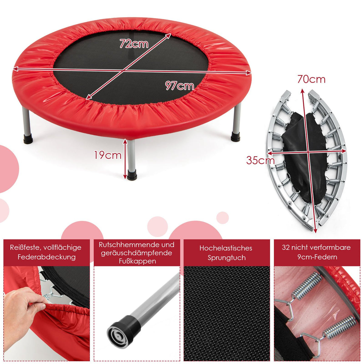 Mini Trampoline, Foldable, 97cm, 150kg Capacity, Red
