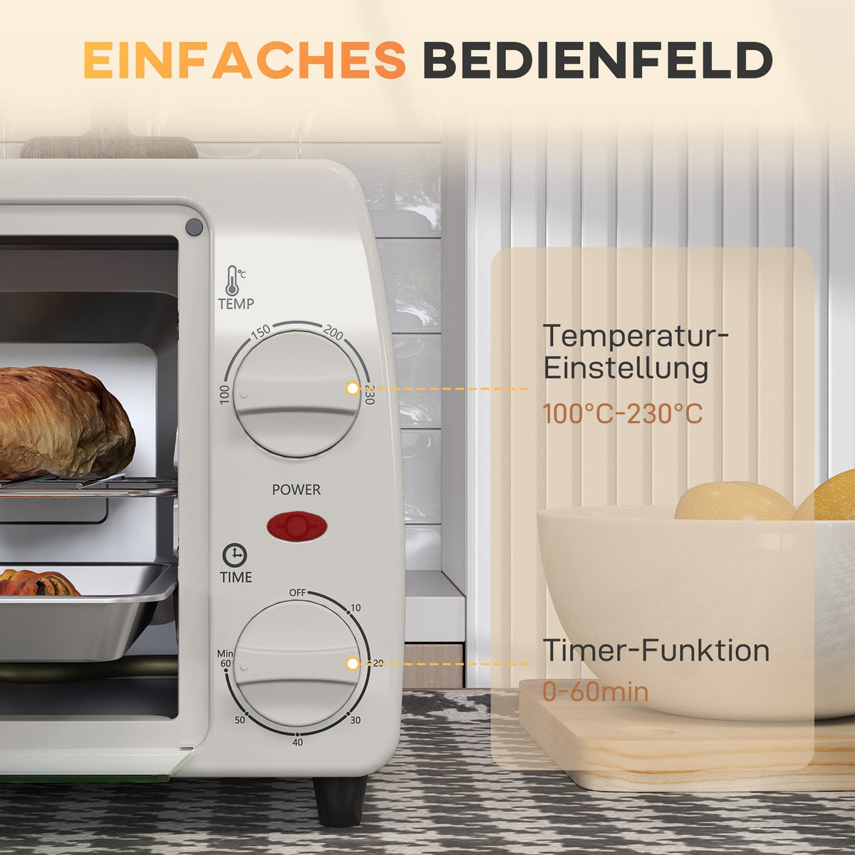 Mini oven 10 liters 750W Small electric oven with temperature up to 230? Timer 60 minutes baking tray and rack 36.5x26x22 cm cream white