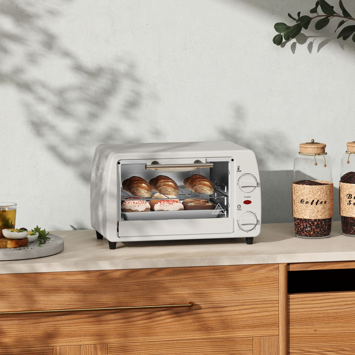 Mini oven 10 liters 750W Small electric oven with temperature up to 230? Timer 60 minutes baking tray and rack 36.5x26x22 cm cream white