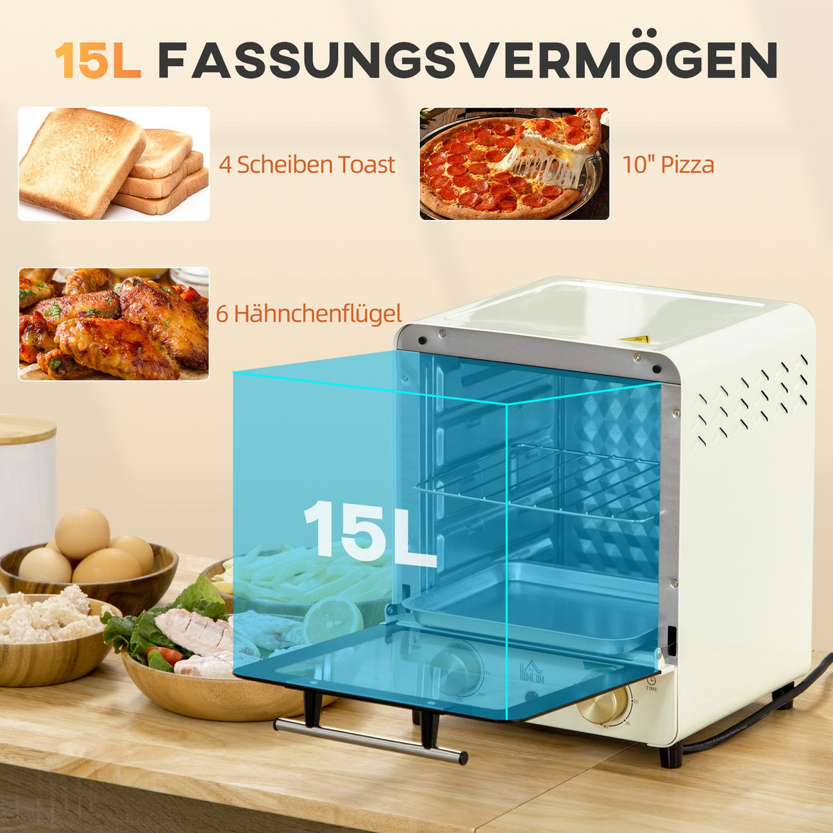 Mini oven 15L, 1 hour timer, 60-230°C, pizza oven with circulating air, 1000 W, mini oven with baking tray set, crumb tray, cream white