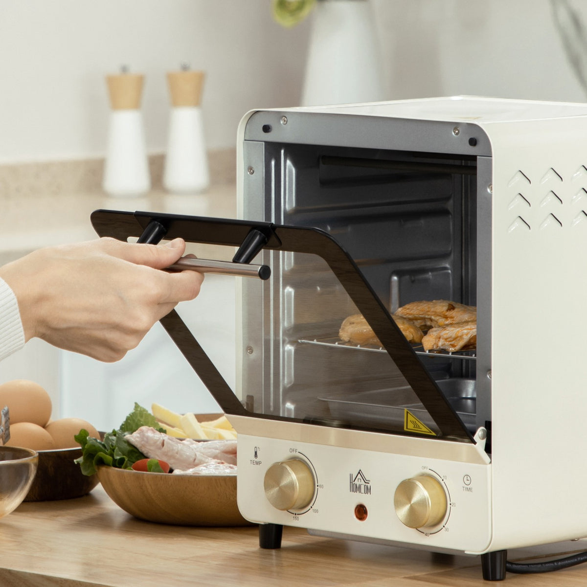 Mini oven 15L, 1 hour timer, 60-230°C, pizza oven with circulating air, 1000 W, mini oven with baking tray set, crumb tray, cream white