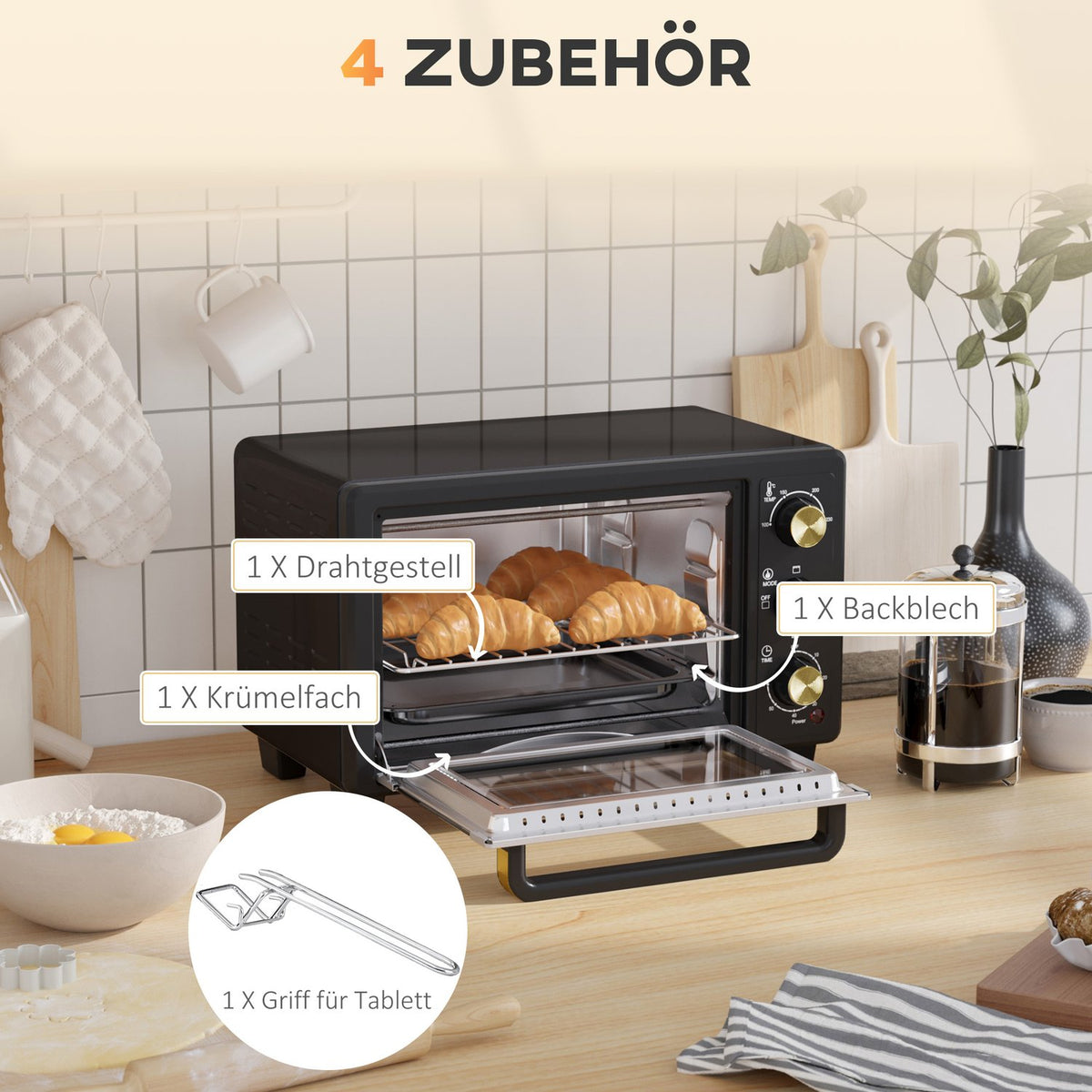 Mini oven 16 L 1400W Mini oven 100-230? 60 min. timer, with grill rack and baking tray, pizza oven with tray handle, crumb tray black