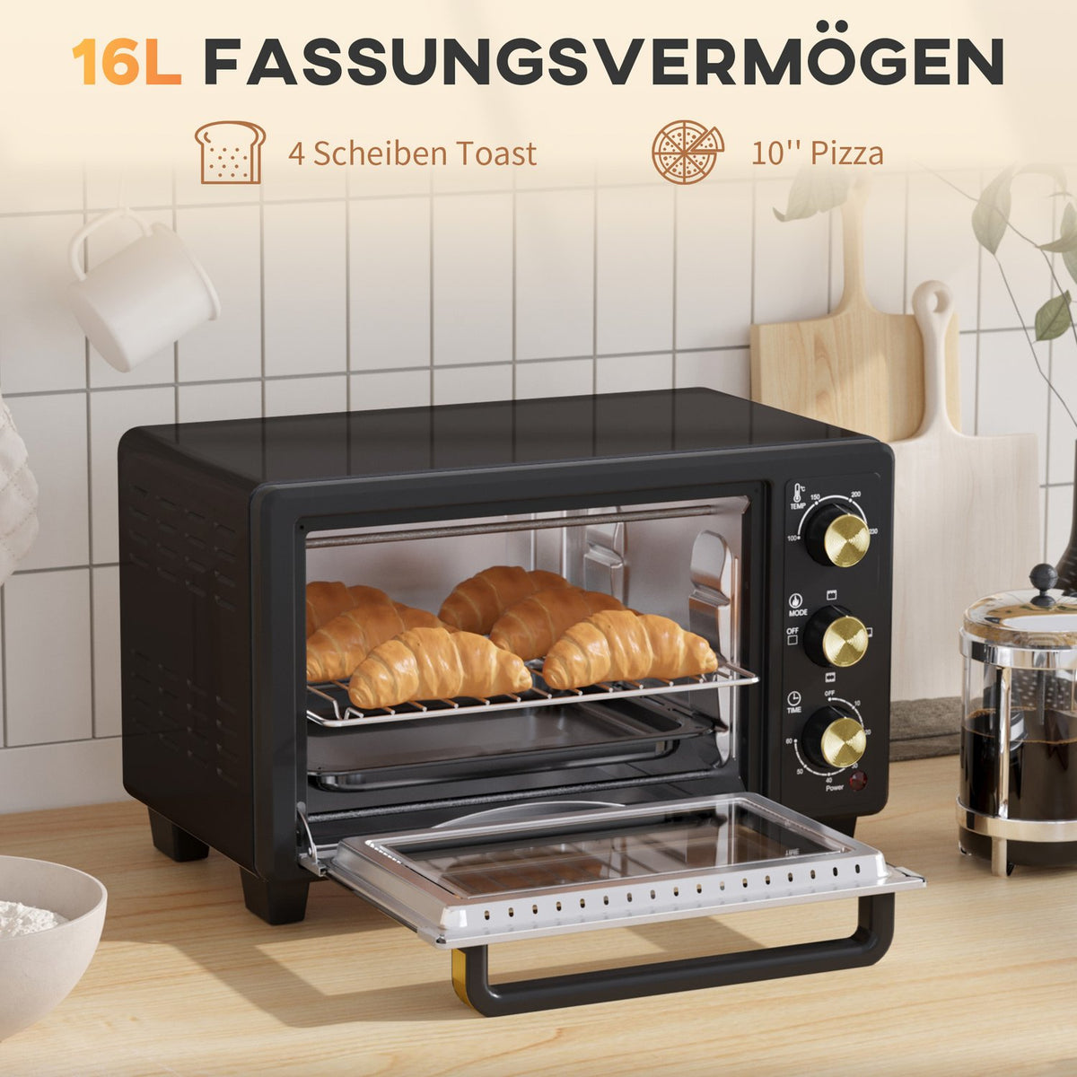 Mini oven 16 L 1400W Mini oven 100-230? 60 min. timer, with grill rack and baking tray, pizza oven with tray handle, crumb tray black