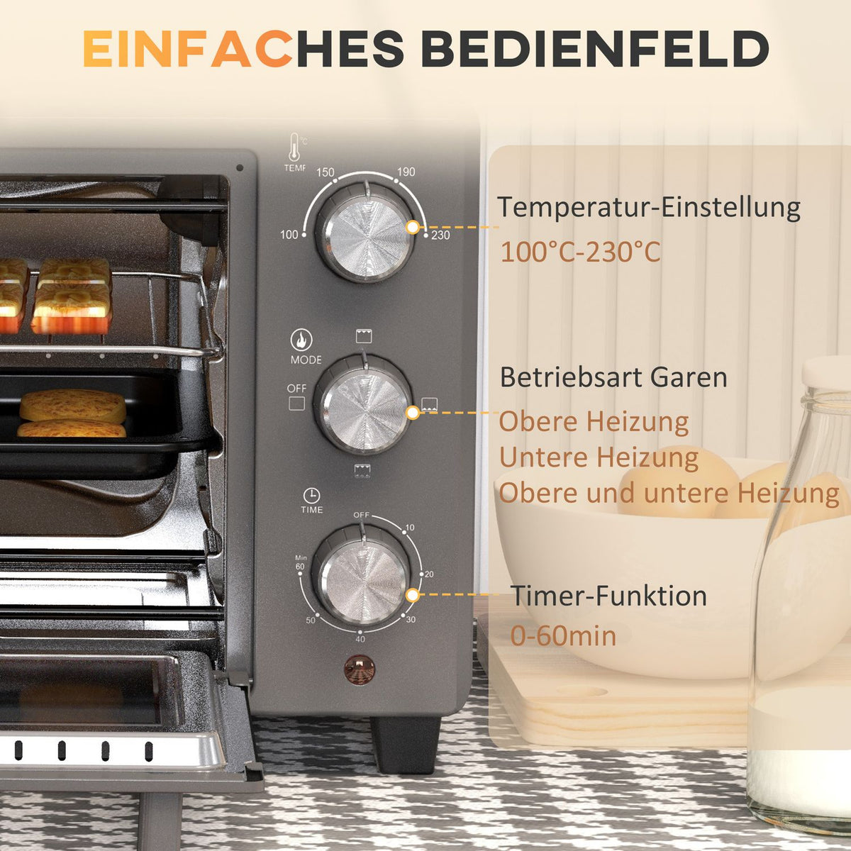 Mini oven 21L 1400W 60 min. Timer, small oven with 100°C-230°C adjustable temperature cooking time, mini oven with baking tray, wire rack, table oven made of stainless steel, gray