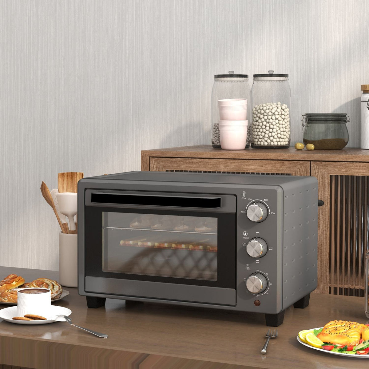 Mini oven 21L 1400W 60 min. Timer, small oven with 100°C-230°C adjustable temperature cooking time, mini oven with baking tray, wire rack, table oven made of stainless steel, gray