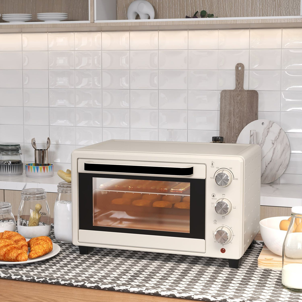 Mini oven 21L pizza oven mini oven baking tray grill rack crumb tray 1400W table oven 1h timer 100-230°C metal cream
