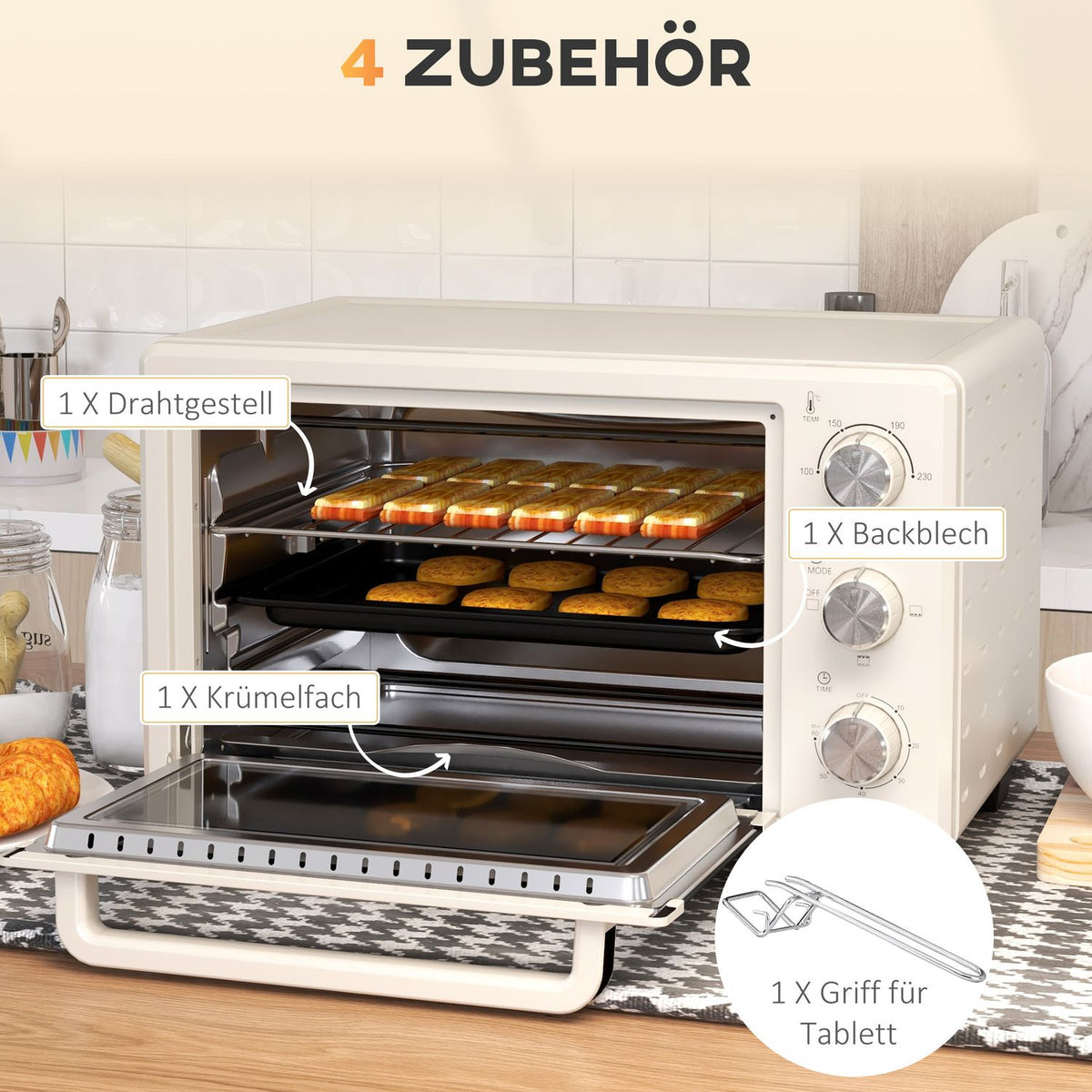 Mini oven 21L pizza oven mini oven baking tray grill rack crumb tray 1400W table oven 1h timer 100-230°C metal cream
