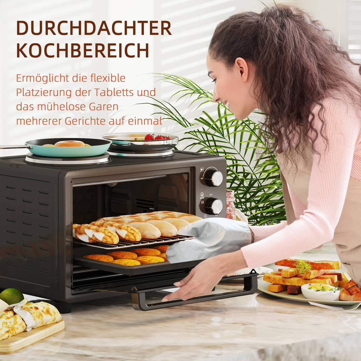 Mini oven 28 L 2600W Mini oven 100-230? 60 min. timer, with 2 warming plates, baking tray and grill rack. Pizza oven with crumb tray, tray handle black