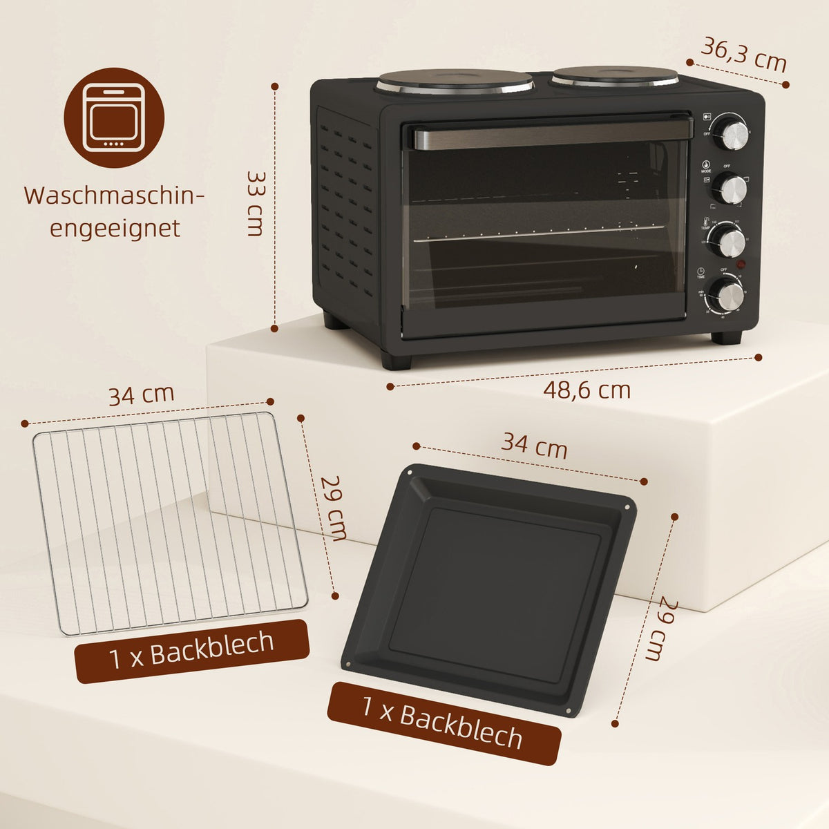 Mini oven 28 L 2600W Mini oven 100-230? 60 min. timer, with 2 warming plates, baking tray and grill rack. Pizza oven with crumb tray, tray handle black