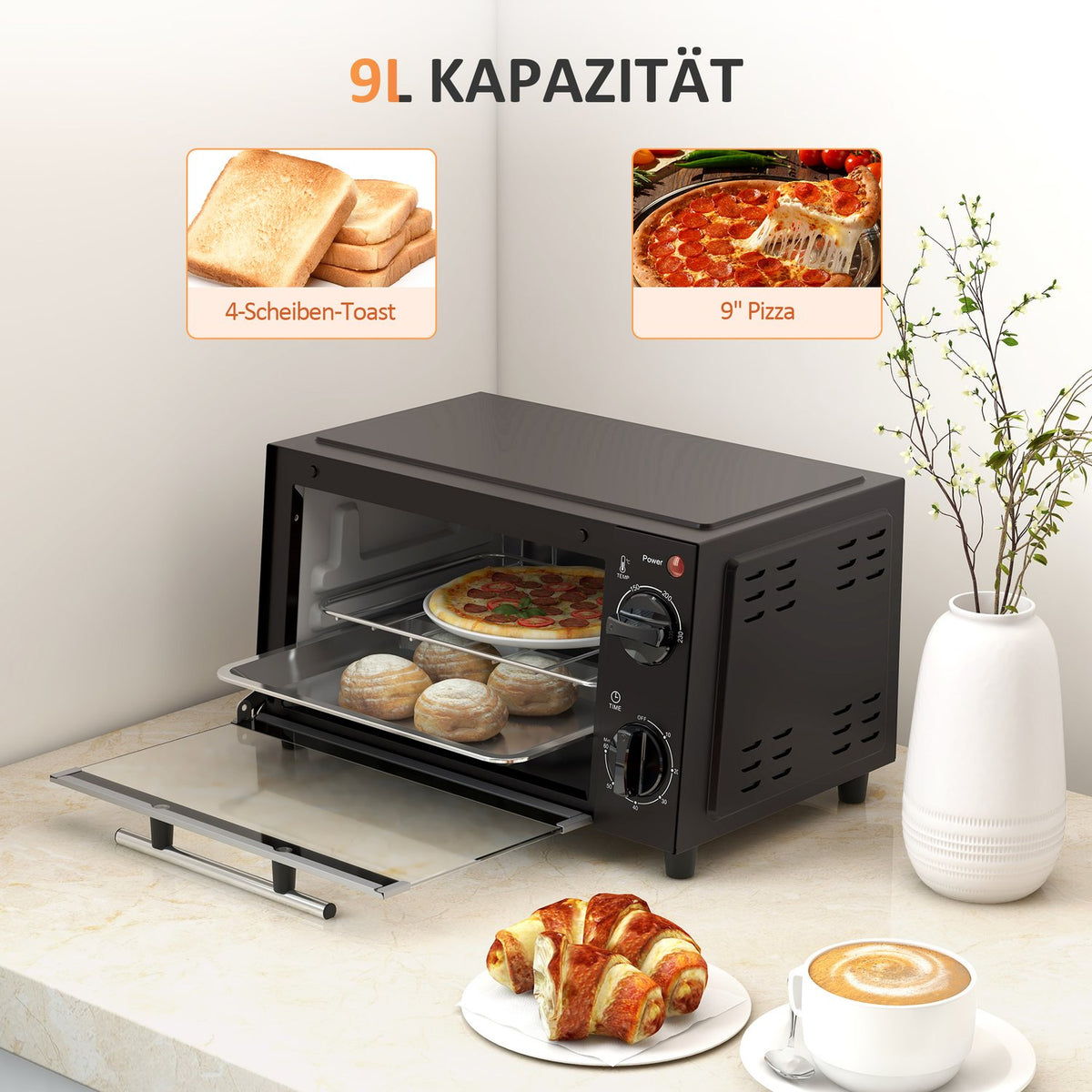 Mini oven 9L mini oven with baking tray, grill rack, 100 °C-230 °C, with adjustable temperature and cooking time, 60 min. timer, 750W, stainless steel, black