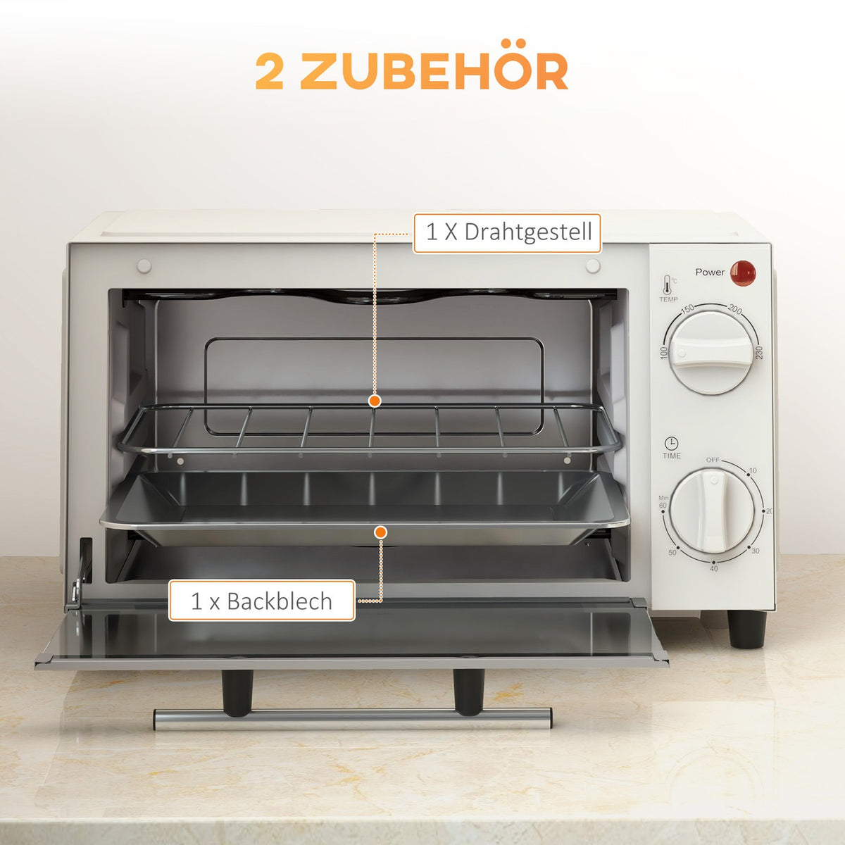 Mini oven 9L mini oven with baking tray, grill rack, 100 °C-230 °C, with adjustable temperature and cooking time, 60 min. timer, 750W, stainless steel, cream white