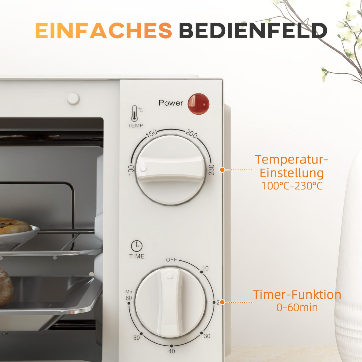 Mini oven 9L mini oven with baking tray, grill rack, 100 °C-230 °C, with adjustable temperature and cooking time, 60 min. timer, 750W, stainless steel, cream white
