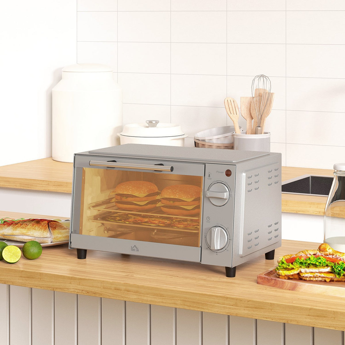 Mini oven 9L mini oven with baking tray, grill rack, 100 °C-230 °C, with adjustable temperature and cooking time, 60 min. timer, 750W, stainless steel, silver
