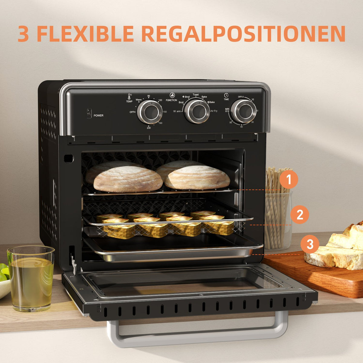 Mini oven with circulating air 20L mini oven with baking tray, grill rack and crumb tray, 90°C-230°C hot air fryer with 5 modes, frying basket, 60 min. timer, 1400W, metal