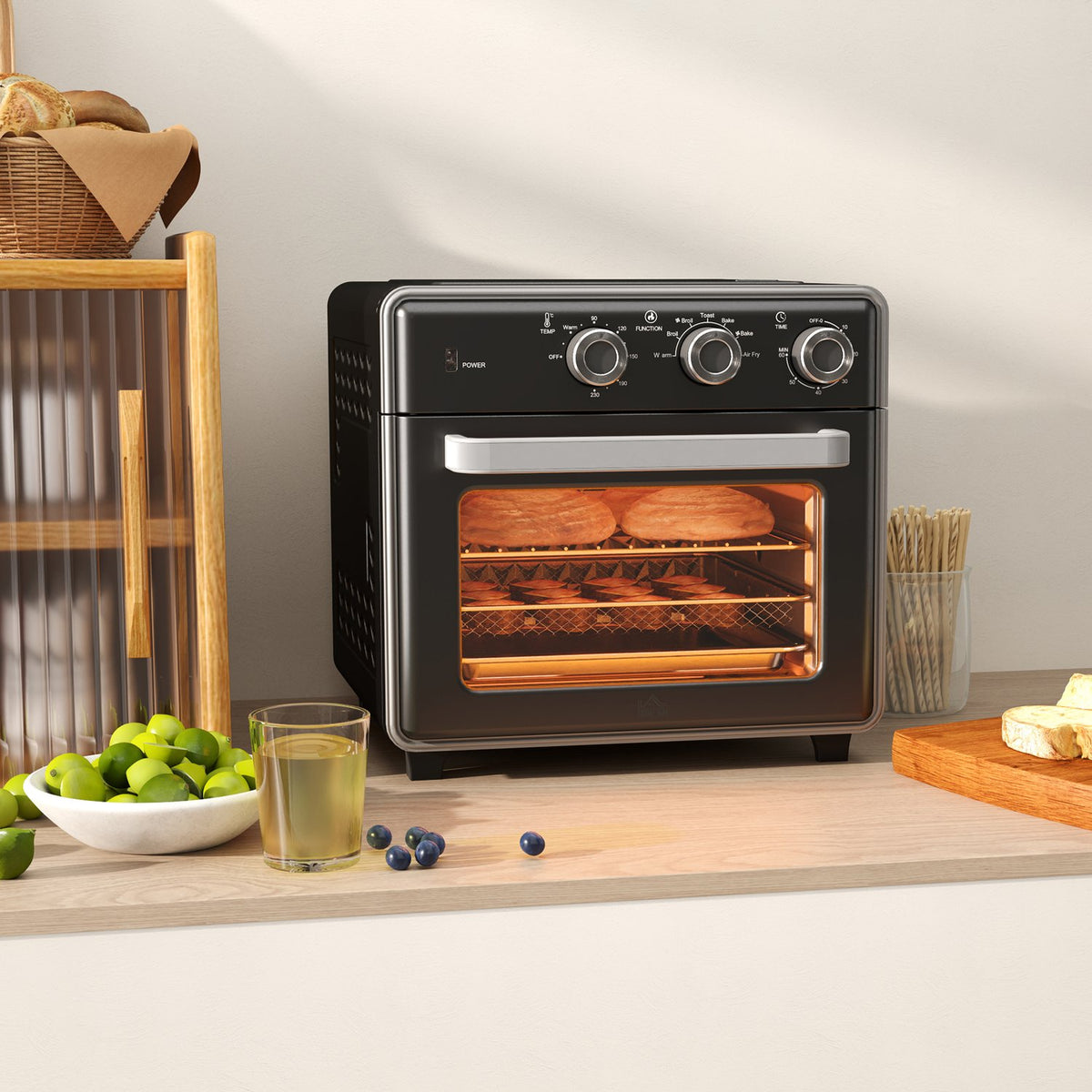 Mini oven with circulating air 20L mini oven with baking tray, grill rack and crumb tray, 90°C-230°C hot air fryer with 5 modes, frying basket, 60 min. timer, 1400W, metal