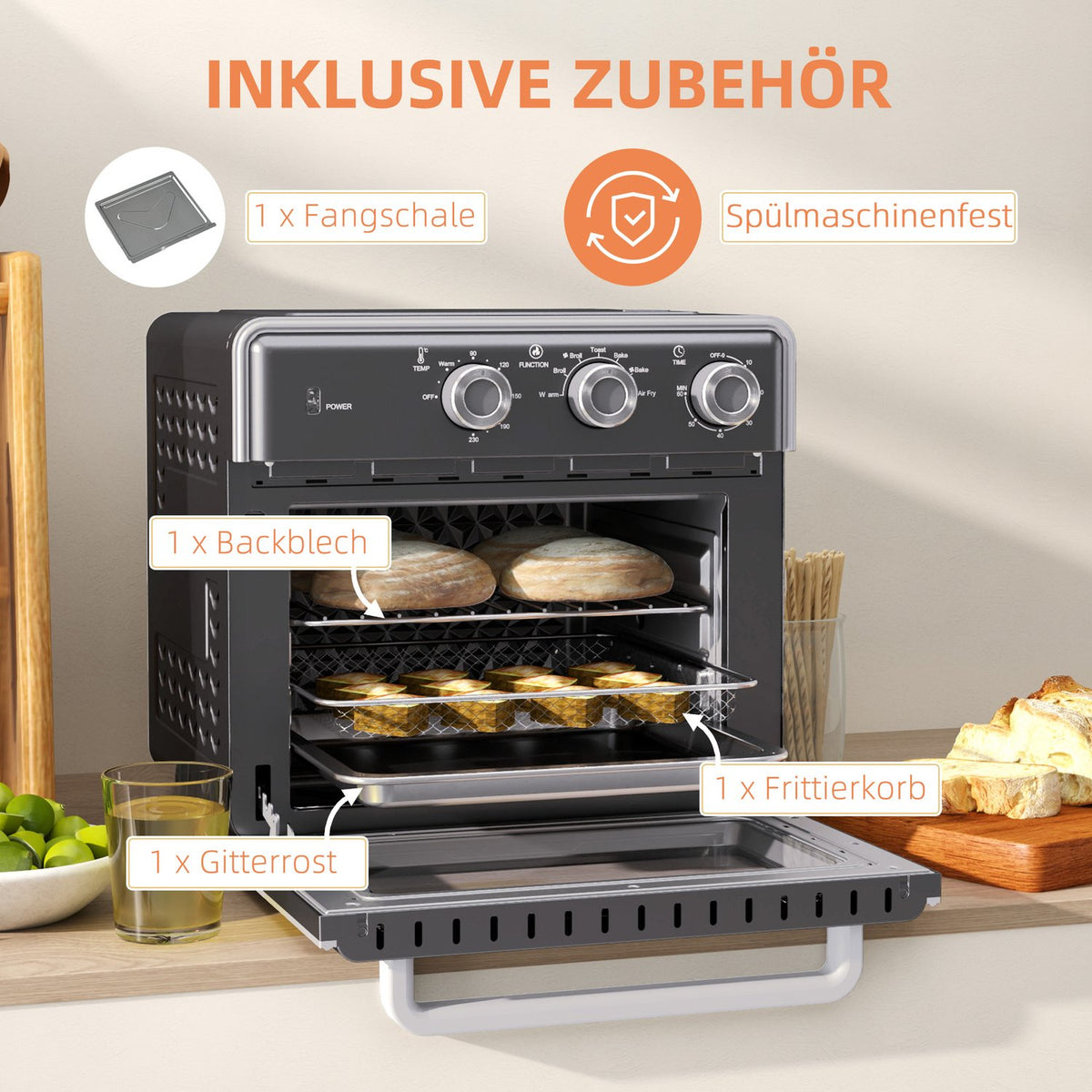 Mini oven with circulating air 20L mini oven with baking tray, grill rack and crumb tray, 90°C-230°C hot air fryer with 5 modes, frying basket, 60 min. timer, 1400W, metal