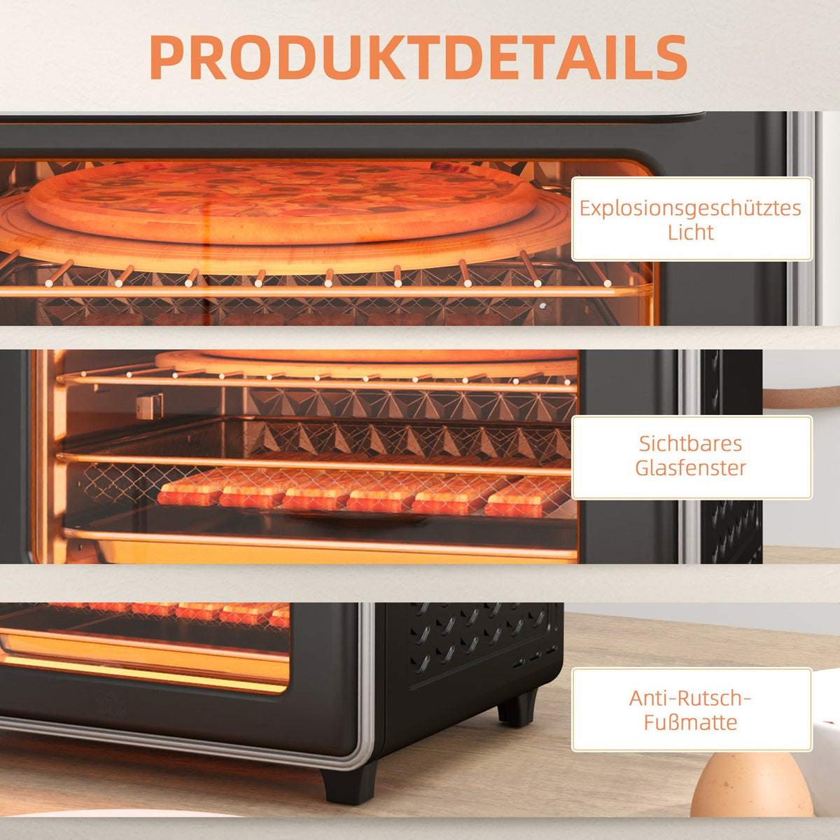 Mini oven with circulating air 20L mini oven with baking tray, grill rack and crumb tray, 90°C-230°C hot air fryer with 5 modes, frying basket, 60 min. timer, 1400W, metal