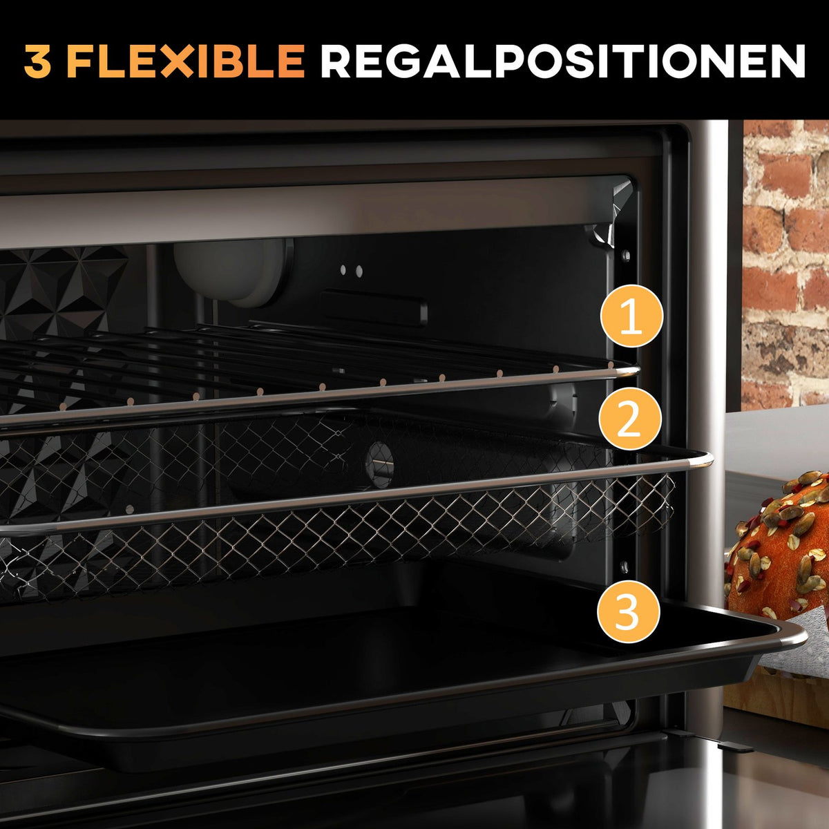 Mini oven with circulating air, 40 °C-220 °C, 13L mini oven with baking tray, grill rack, crumb tray, hot air fryer with 12 programs