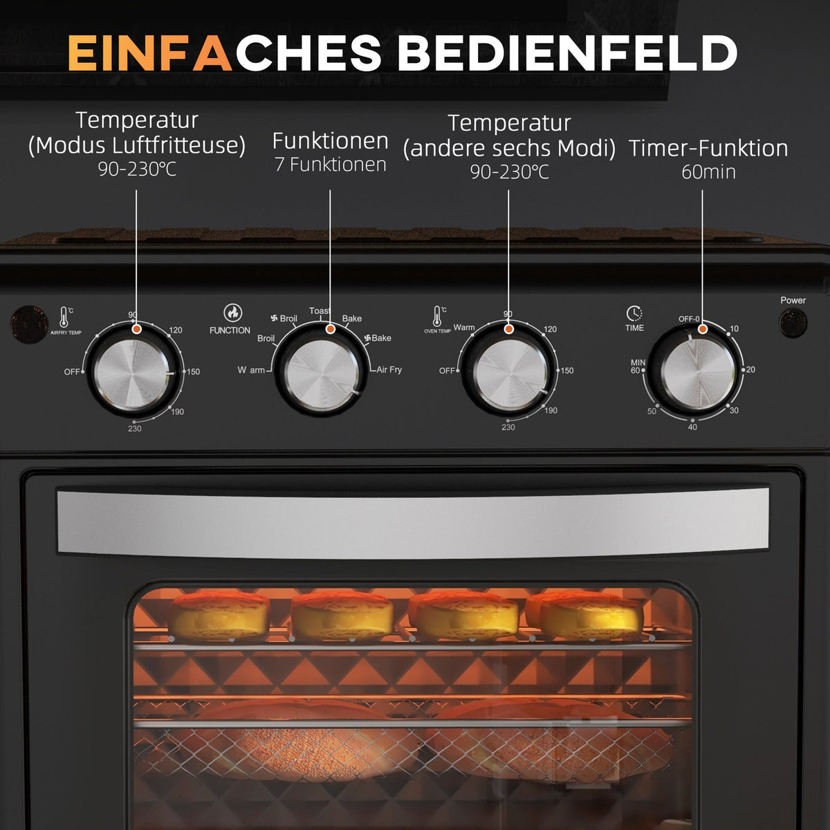 Mini oven with circulating air, 90°C-230°C, 30L, mini oven with baking tray, grill rack, crumb tray, hot air fryer with 7 modes, frying basket