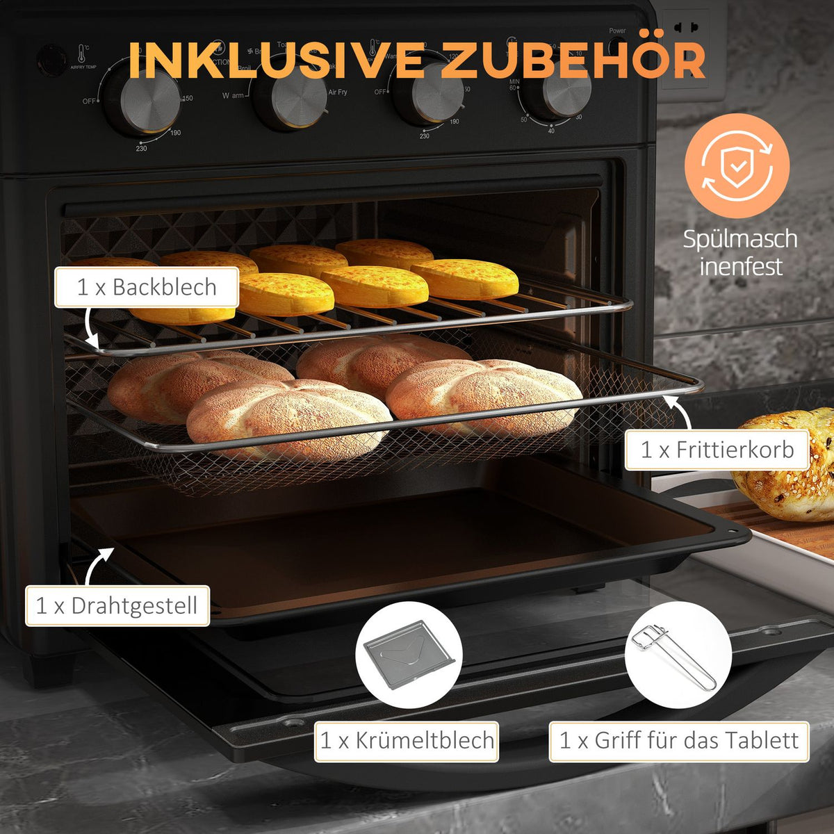 Mini oven with circulating air, 90°C-230°C, 30L, mini oven with baking tray, grill rack, crumb tray, hot air fryer with 7 modes, frying basket