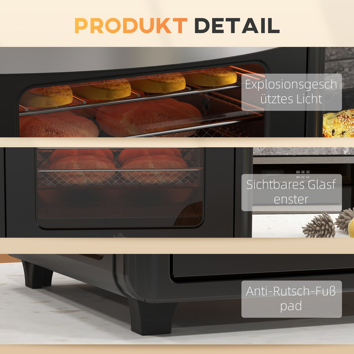 Mini oven with circulating air, 90°C-230°C, 30L, mini oven with baking tray, grill rack, crumb tray, hot air fryer with 7 modes, frying basket